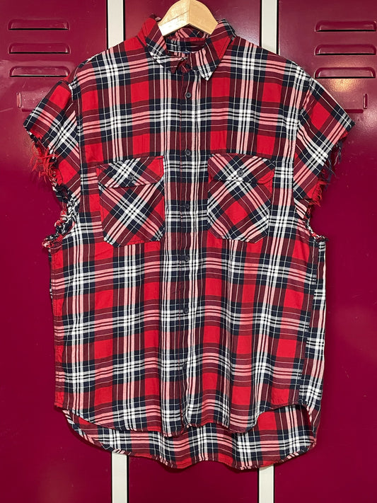 RETRO CHECKED CUT OFF SLEEVES SHIRT  SZ: L