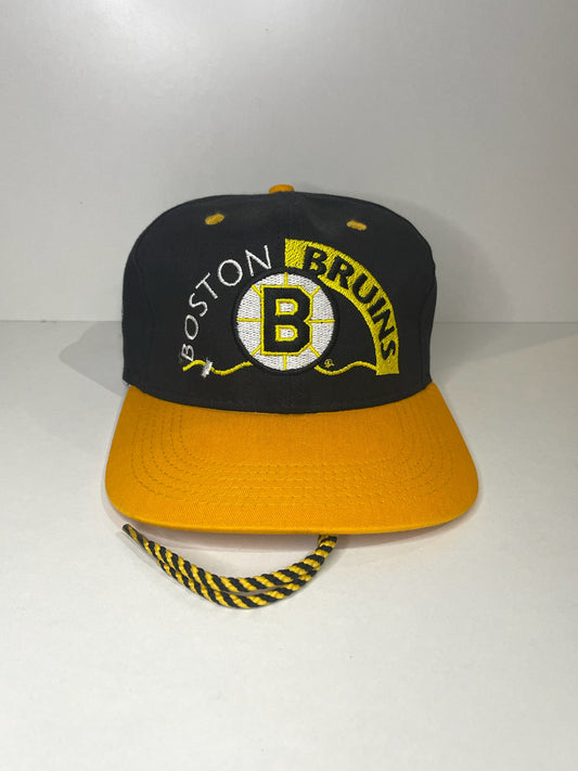 VINTAGE 90s BOSTON BRUINS #1 APPAREL DRAWSTRING CAP HAT