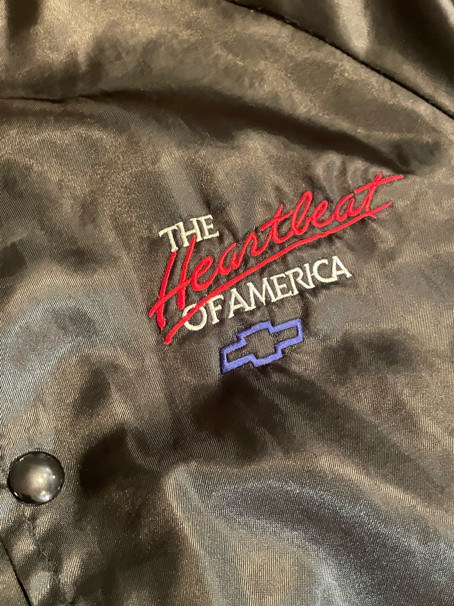 VINTAGE 80s CHEVROLET "THE HEARTBEAT OF AMERICA" MADE IN USA SATIN JACKET SZ: L