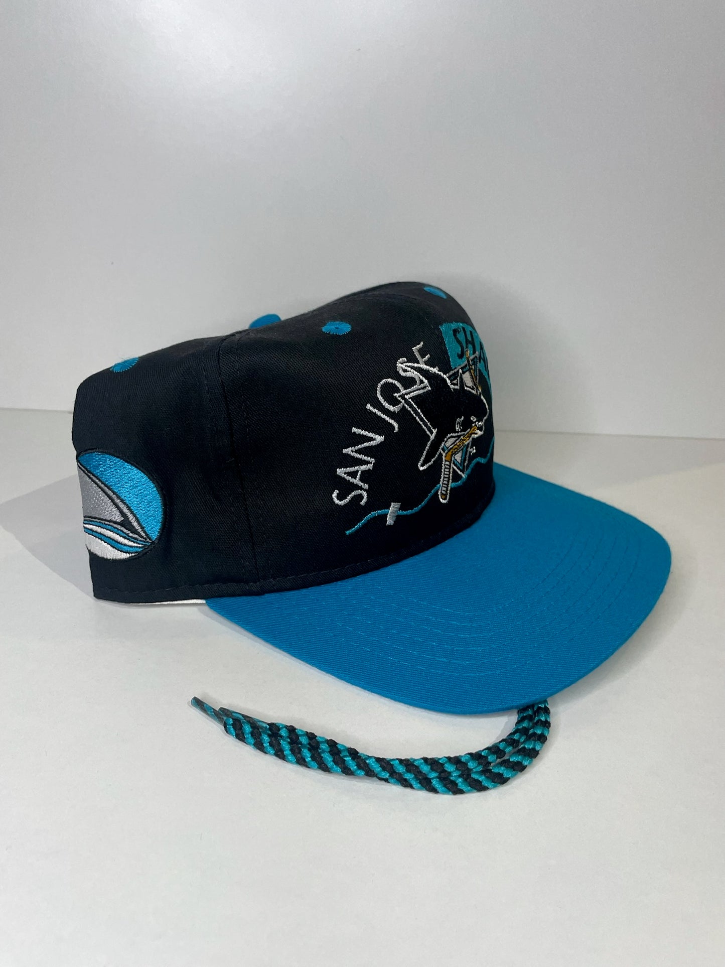 VINTAGE 90s SAN JOSE SHARKS #1 APPAREL DRAWSTRING CAP HAT