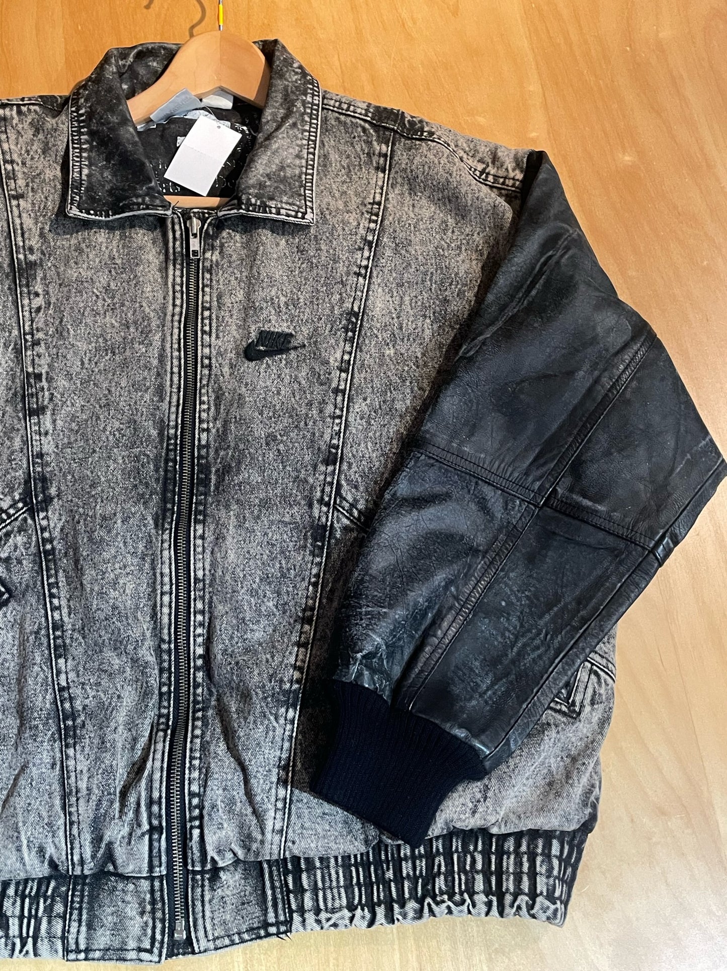 VINTAGE 90s NIKE FORCE DENIM ACID WASH LEATHER DAVID ROBINSON JACKET SZ: M