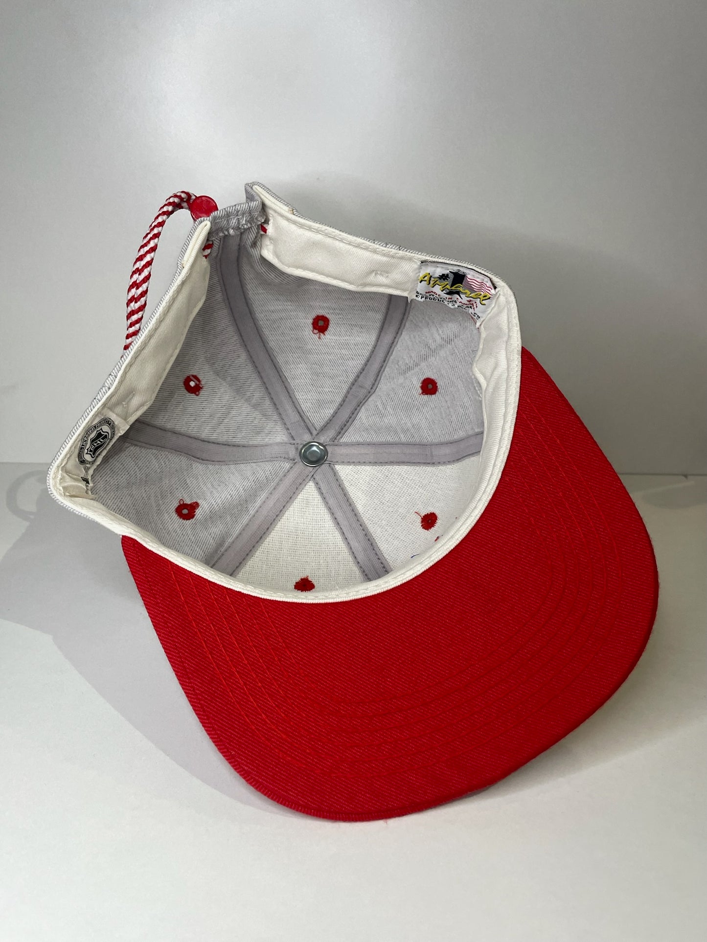 VINTAGE 90s DETROIT RED WINGS #1 APPAREL DRAWSTRING CAP HAT
