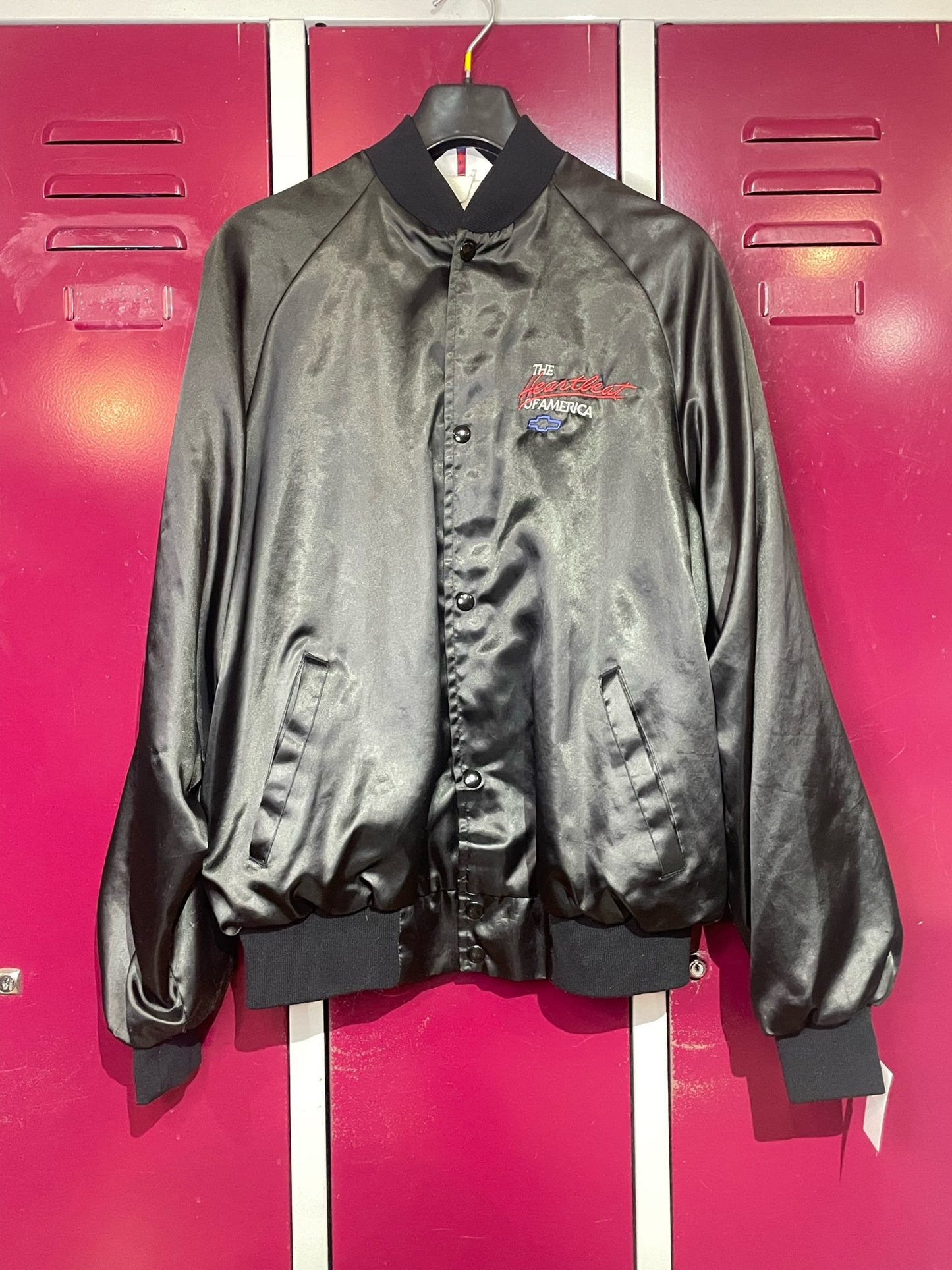 VINTAGE 80s CHEVROLET "THE HEARTBEAT OF AMERICA" MADE IN USA SATIN JACKET SZ: L