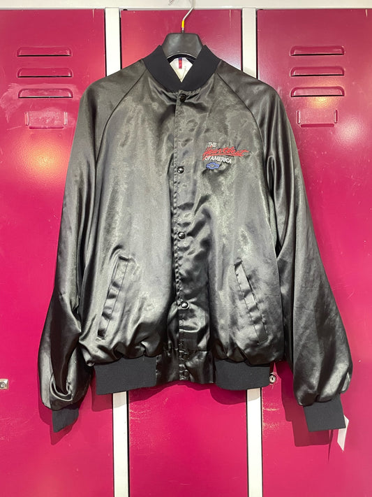 VINTAGE 80s CHEVROLET "THE HEARTBEAT OF AMERICA" MADE IN USA SATIN JACKET  SZ: L