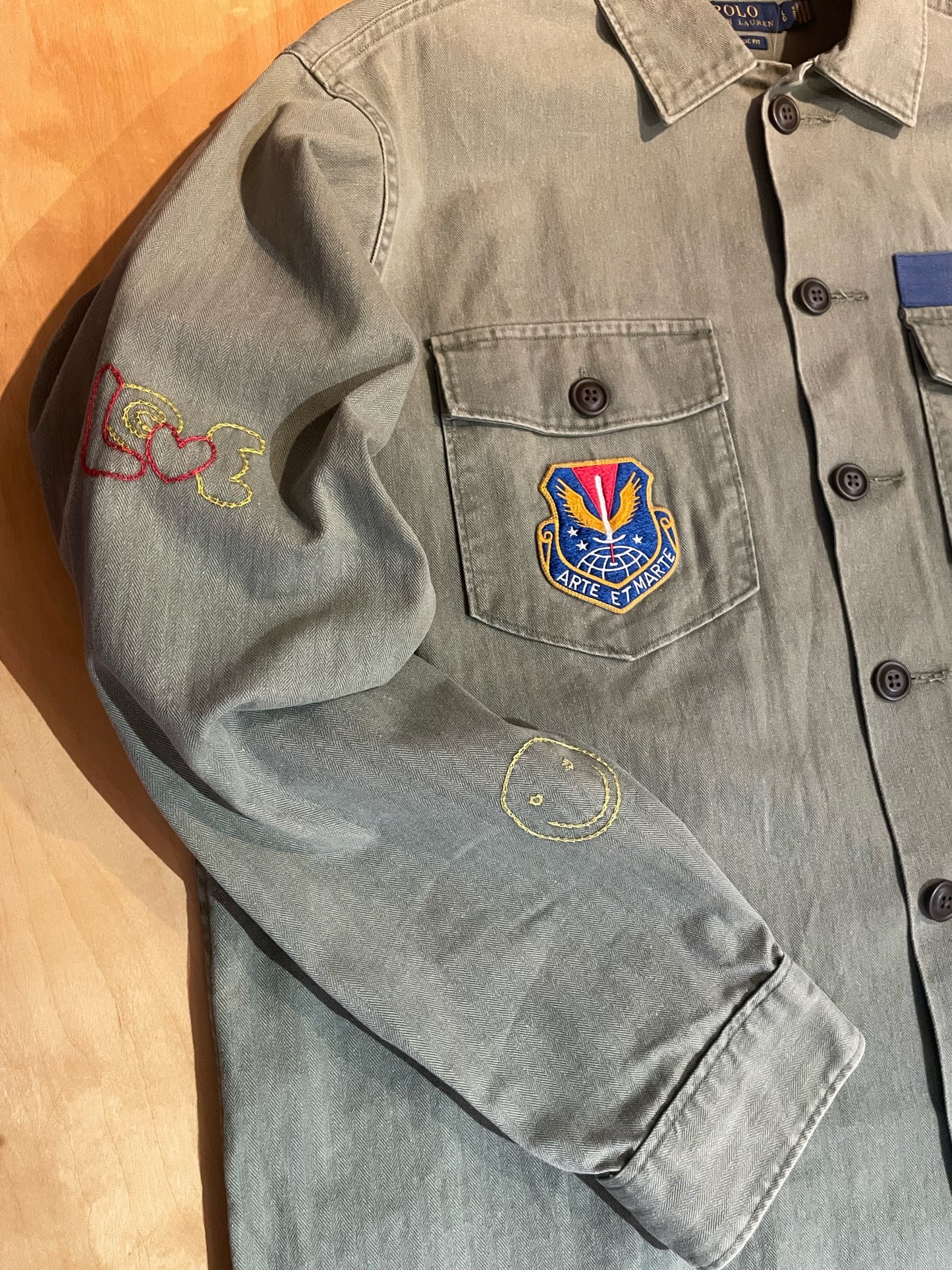 POLO RALPH LAUREN RAINBOW PEACE LOVE EMBROIDERED MILITARY ARMY CAMP SHIRT SZ: L