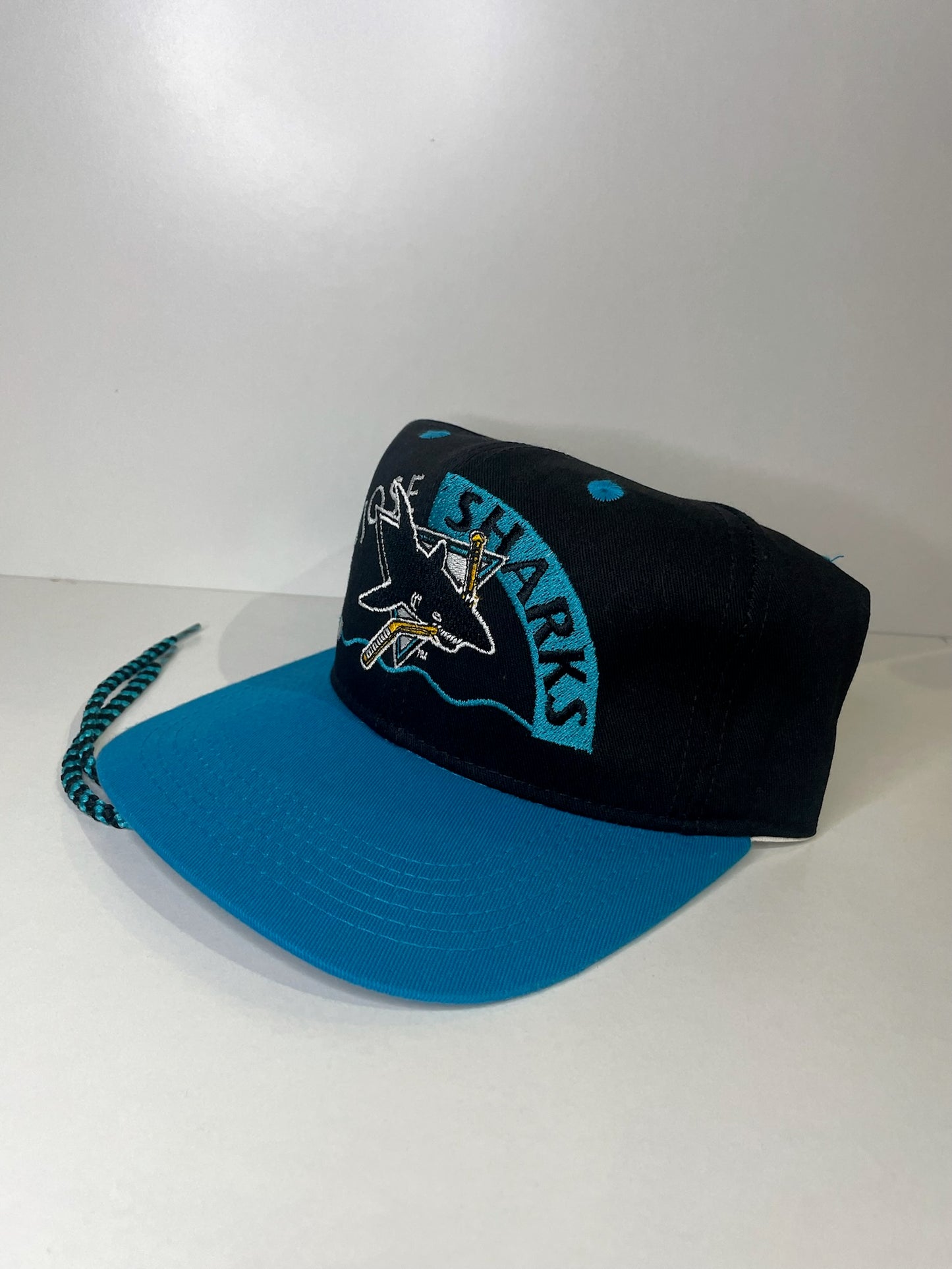 VINTAGE 90s SAN JOSE SHARKS #1 APPAREL DRAWSTRING CAP HAT