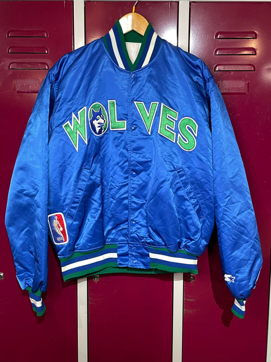 VINTAGE 90s STARTER MINNESOTA TIMBERWOLVES NBA SATIN JACKET  SZ: L