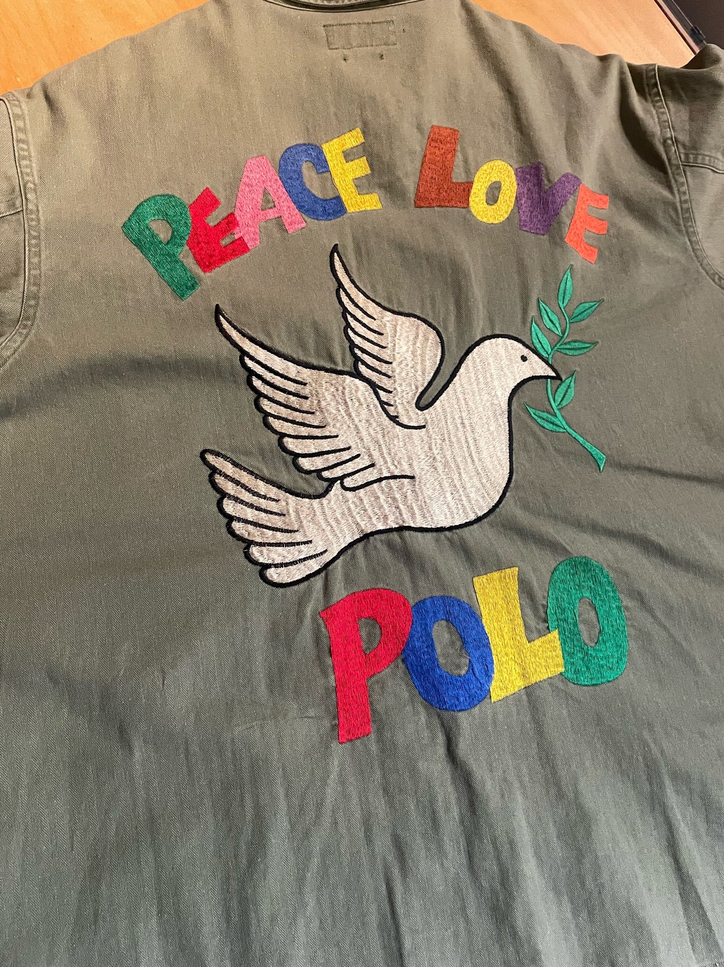 POLO RALPH LAUREN RAINBOW PEACE LOVE EMBROIDERED MILITARY ARMY CAMP SHIRT SZ: L