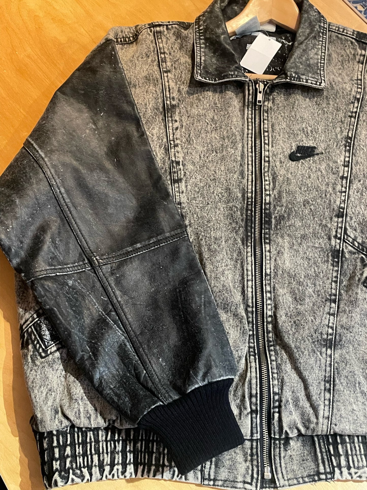 VINTAGE 90s NIKE FORCE DENIM ACID WASH LEATHER DAVID ROBINSON JACKET SZ: M
