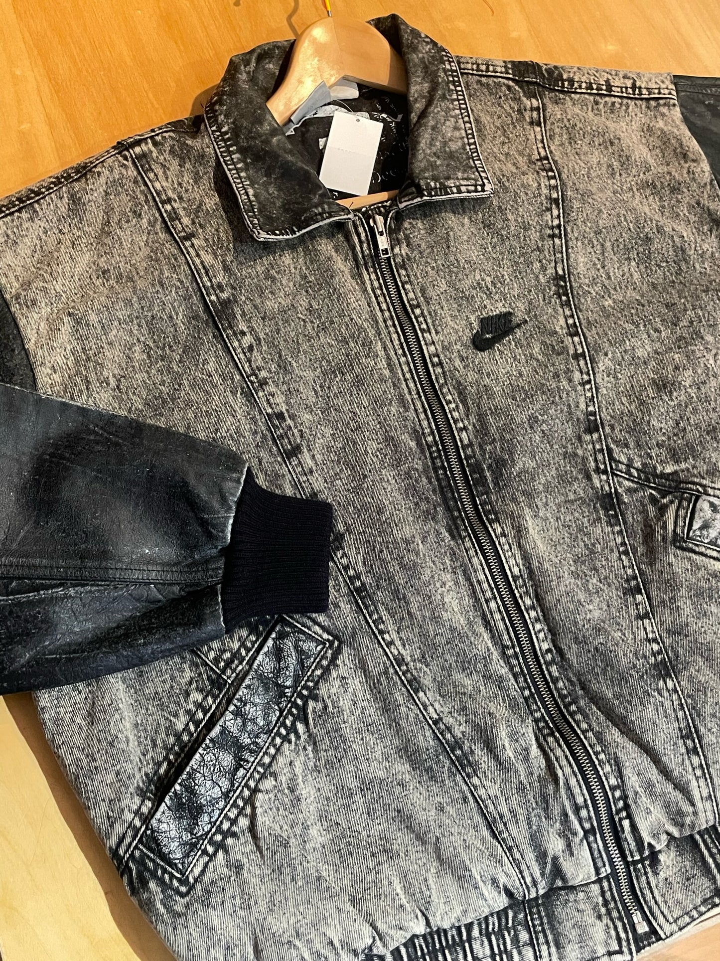 VINTAGE 90s NIKE FORCE DENIM ACID WASH LEATHER DAVID ROBINSON JACKET SZ: M