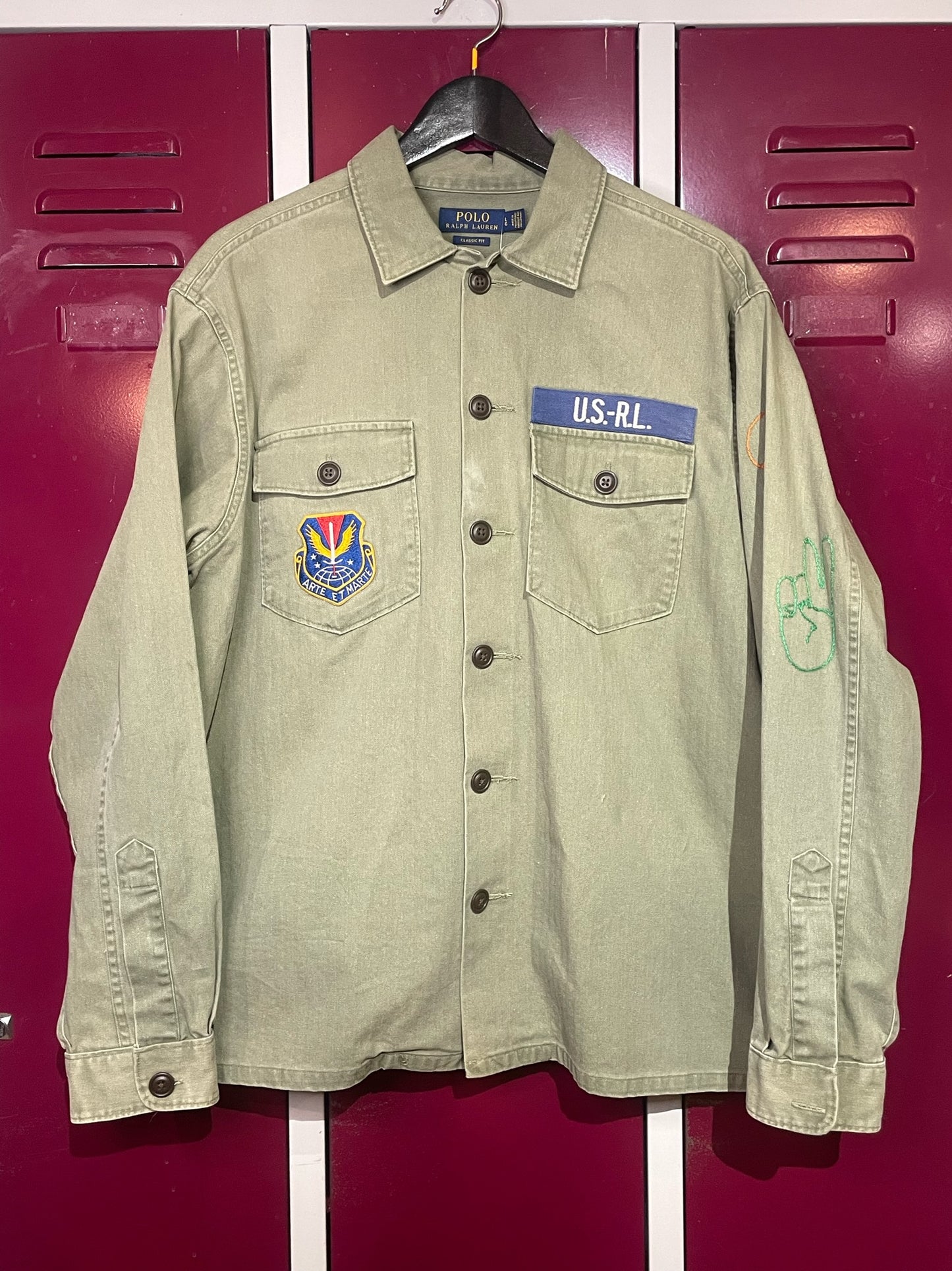 POLO RALPH LAUREN RAINBOW PEACE LOVE EMBROIDERED MILITARY ARMY CAMP SHIRT SZ: L