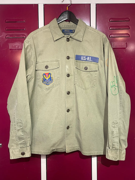 POLO RALPH LAUREN RAINBOW PEACE LOVE EMBROIDERED MILITARY ARMY CAMP SHIRT  SZ: L