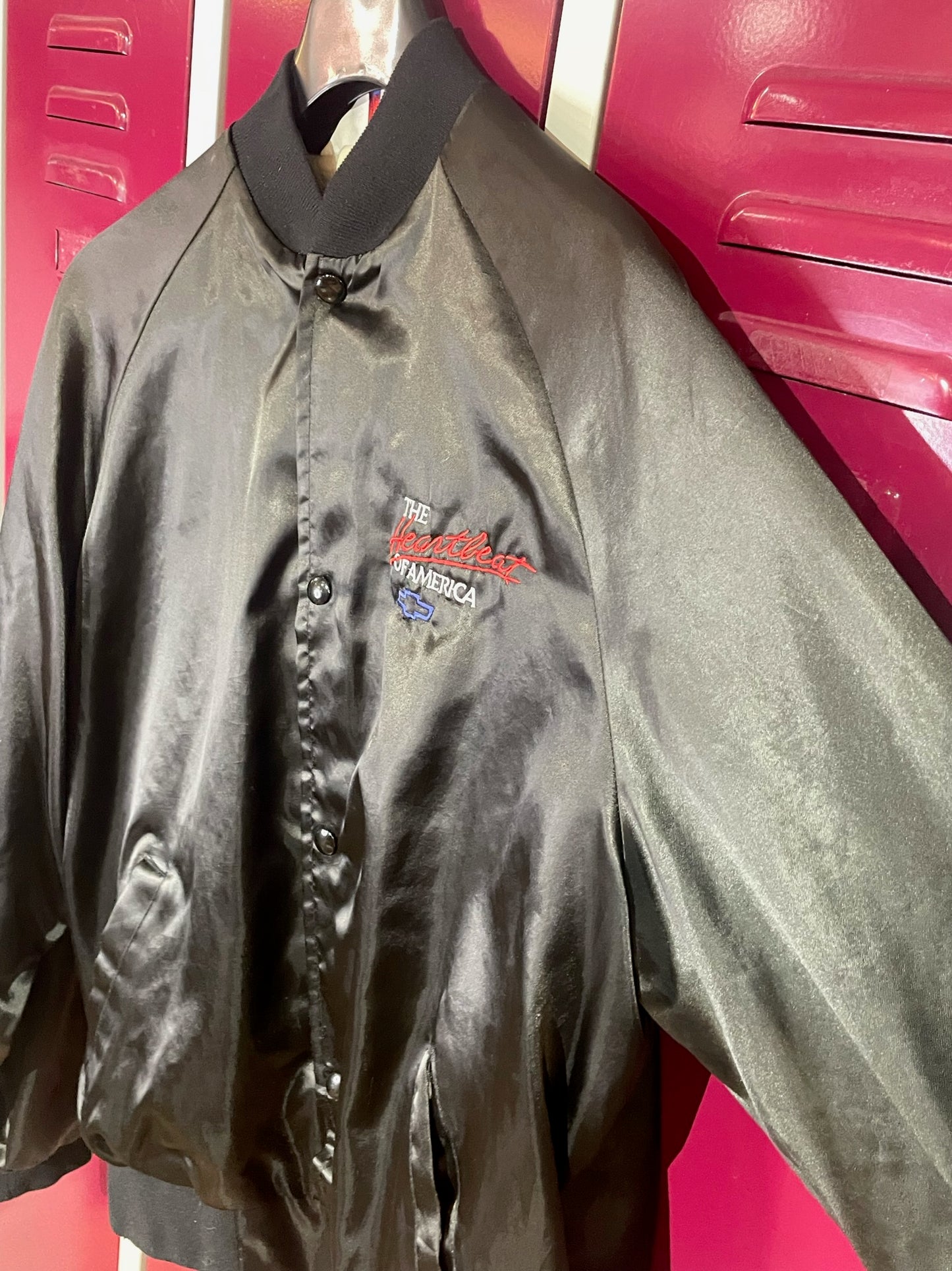 VINTAGE 80s CHEVROLET "THE HEARTBEAT OF AMERICA" MADE IN USA SATIN JACKET SZ: L