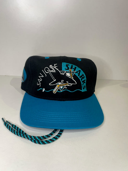 VINTAGE 90s SAN JOSE SHARKS #1 APPAREL DRAWSTRING CAP HAT