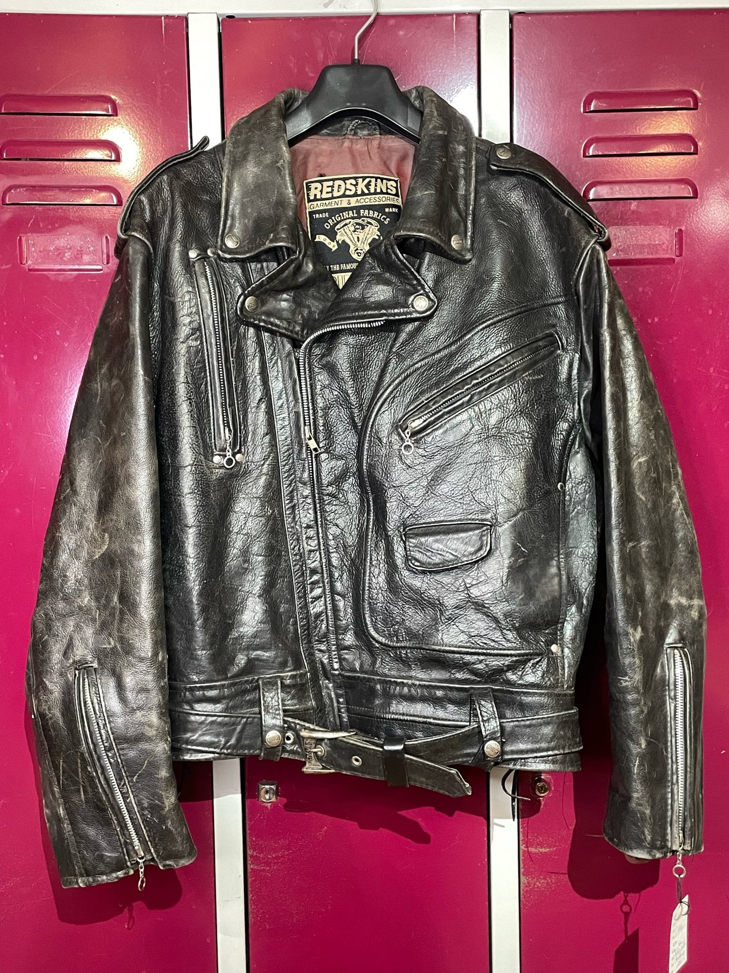 VINTAGE REDSKINS "RIDERS" MOTORCYCLE LEATHER JACKET SZ: XL