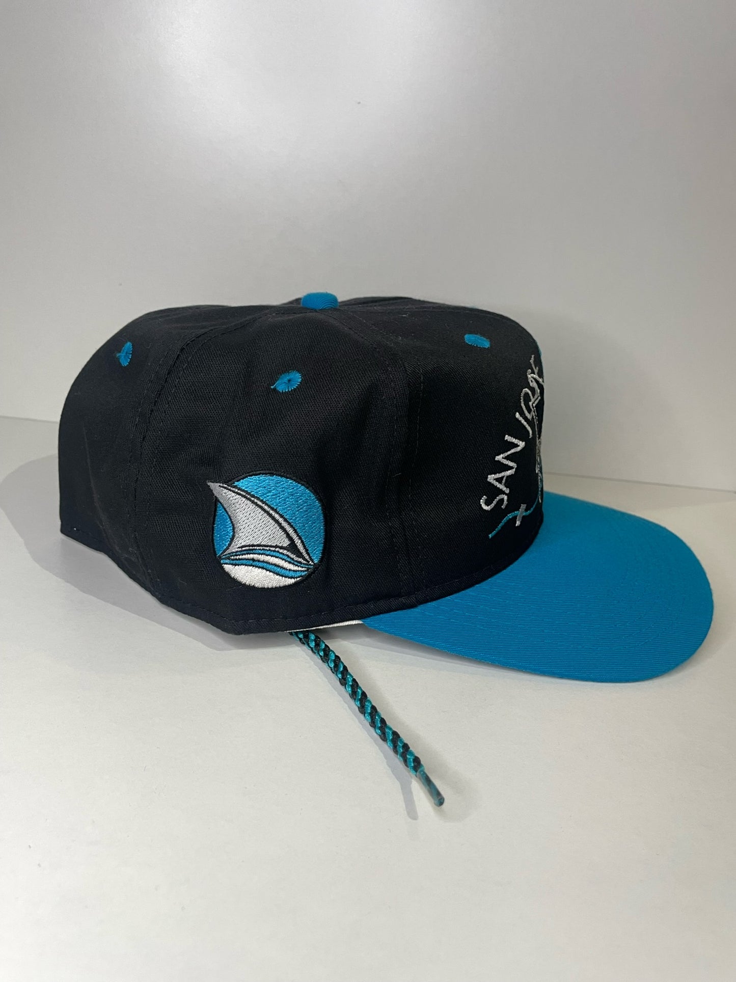 VINTAGE 90s SAN JOSE SHARKS #1 APPAREL DRAWSTRING CAP HAT