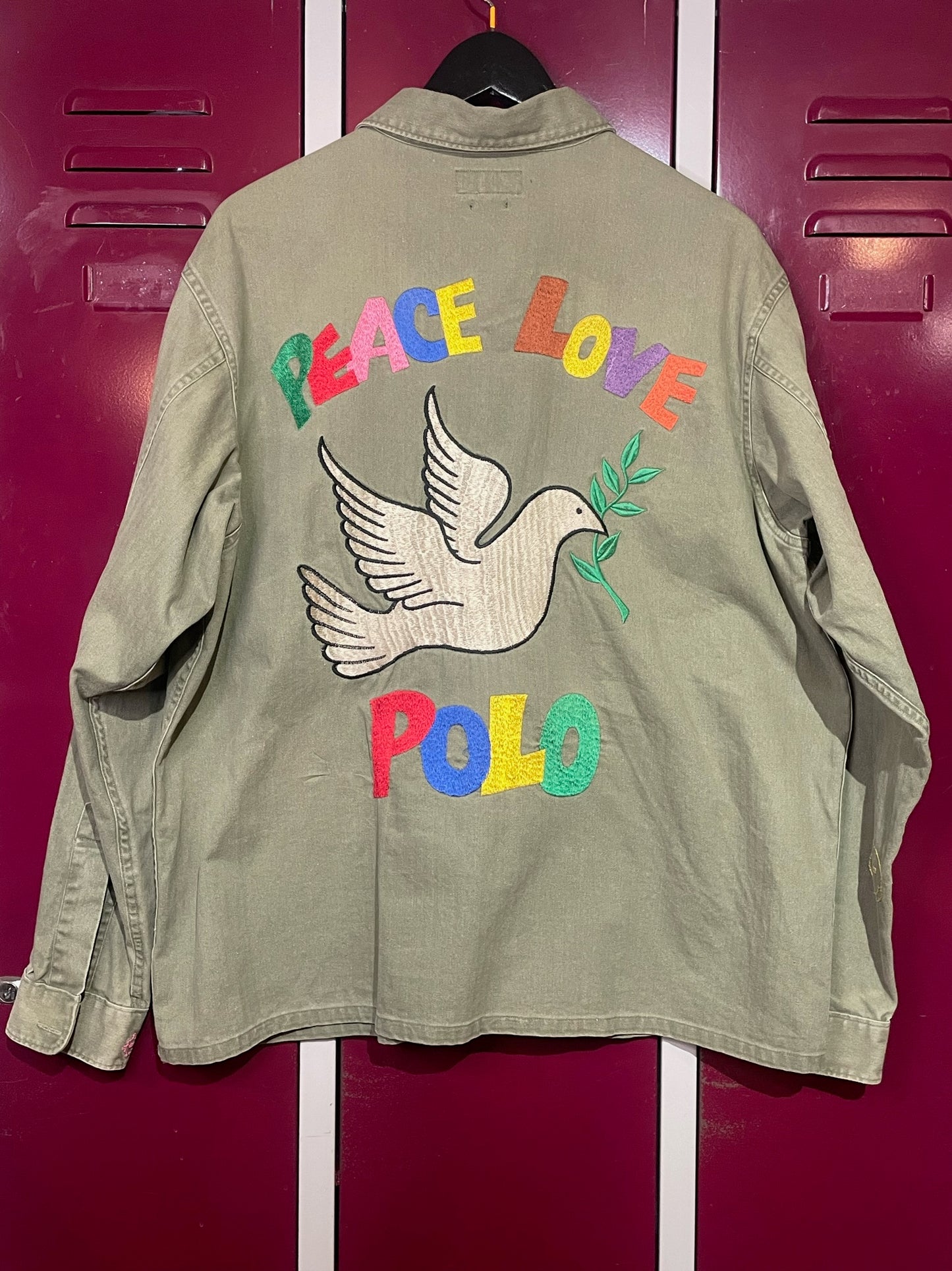POLO RALPH LAUREN RAINBOW PEACE LOVE EMBROIDERED MILITARY ARMY CAMP SHIRT SZ: L