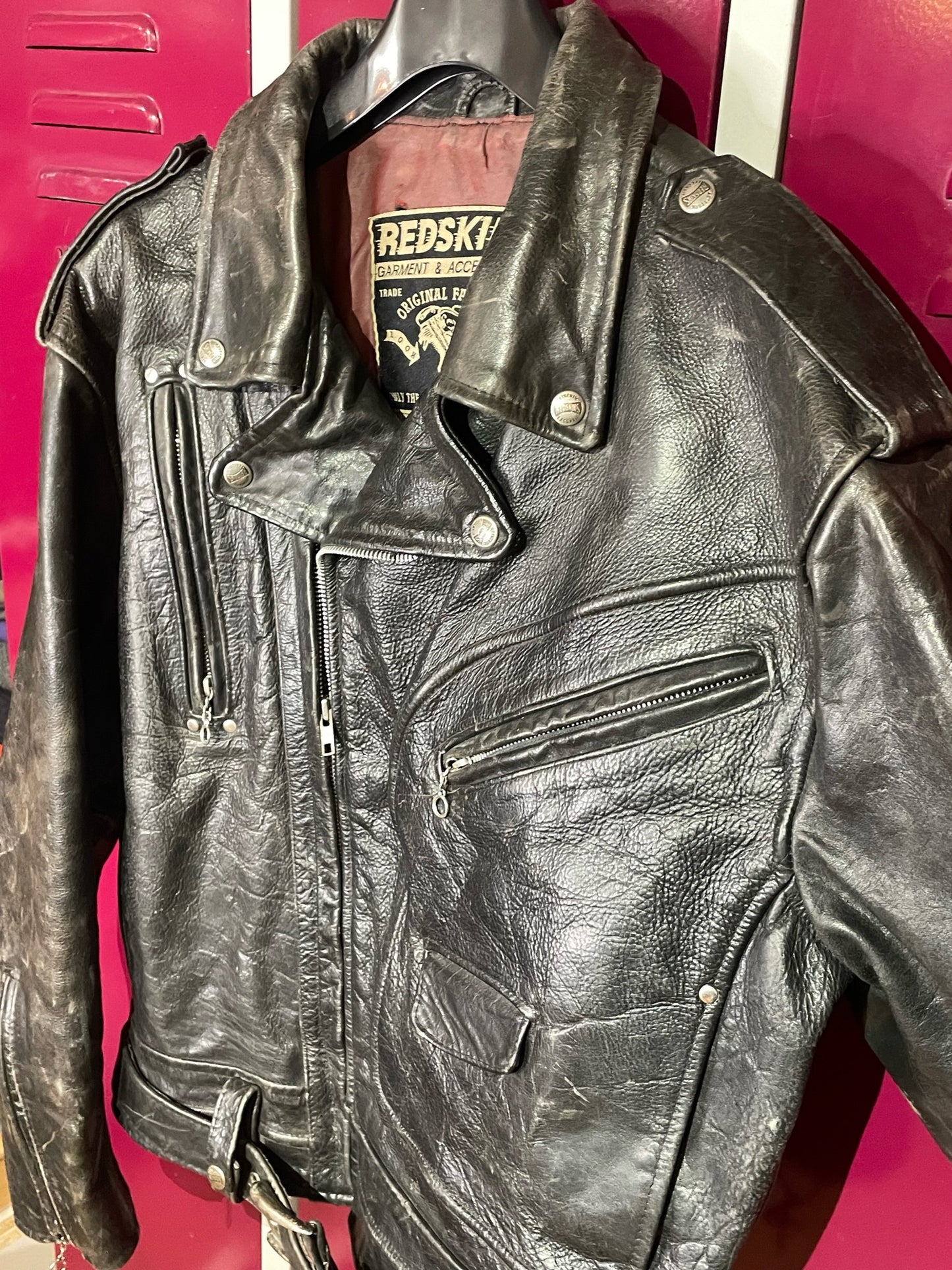 VINTAGE REDSKINS "RIDERS" MOTORCYCLE LEATHER JACKET SZ: XL
