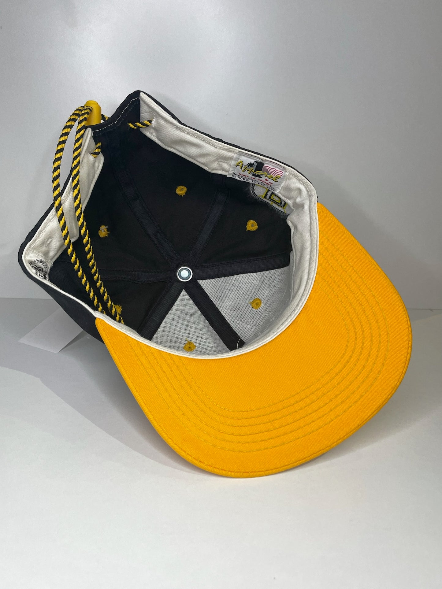 VINTAGE 90s BOSTON BRUINS #1 APPAREL DRAWSTRING CAP HAT