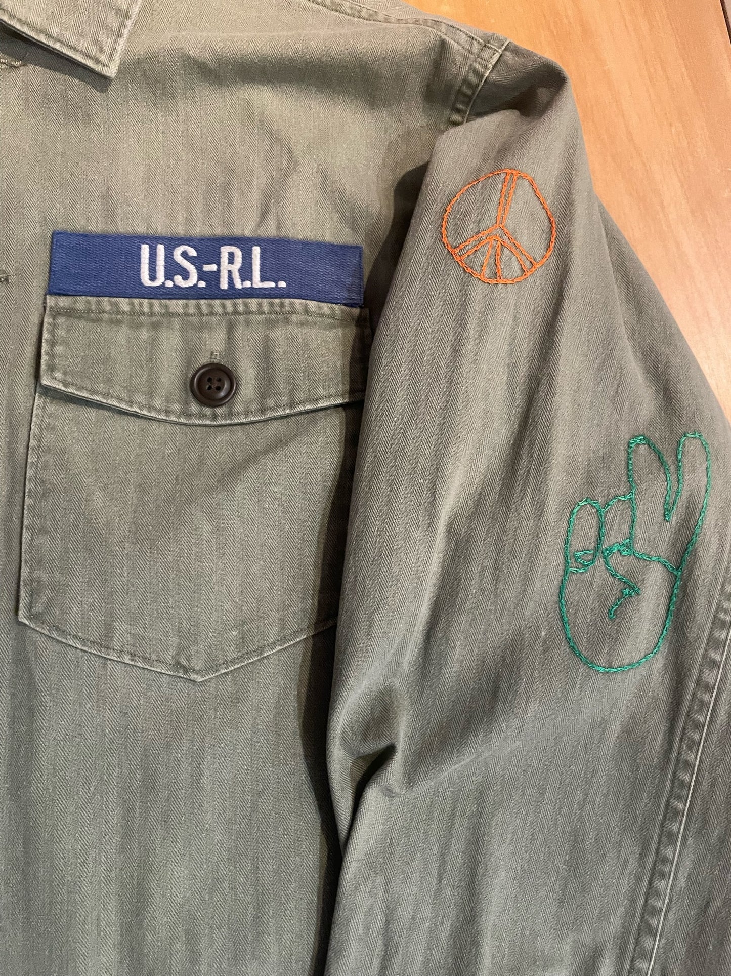 POLO RALPH LAUREN RAINBOW PEACE LOVE EMBROIDERED MILITARY ARMY CAMP SHIRT SZ: L