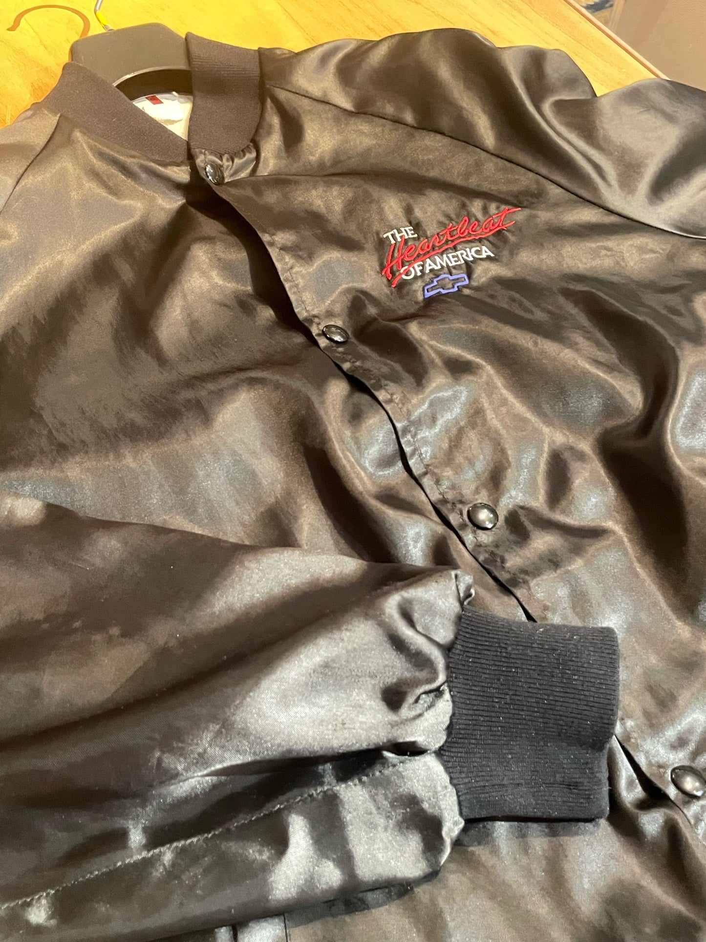 VINTAGE 80s CHEVROLET "THE HEARTBEAT OF AMERICA" MADE IN USA SATIN JACKET SZ: L