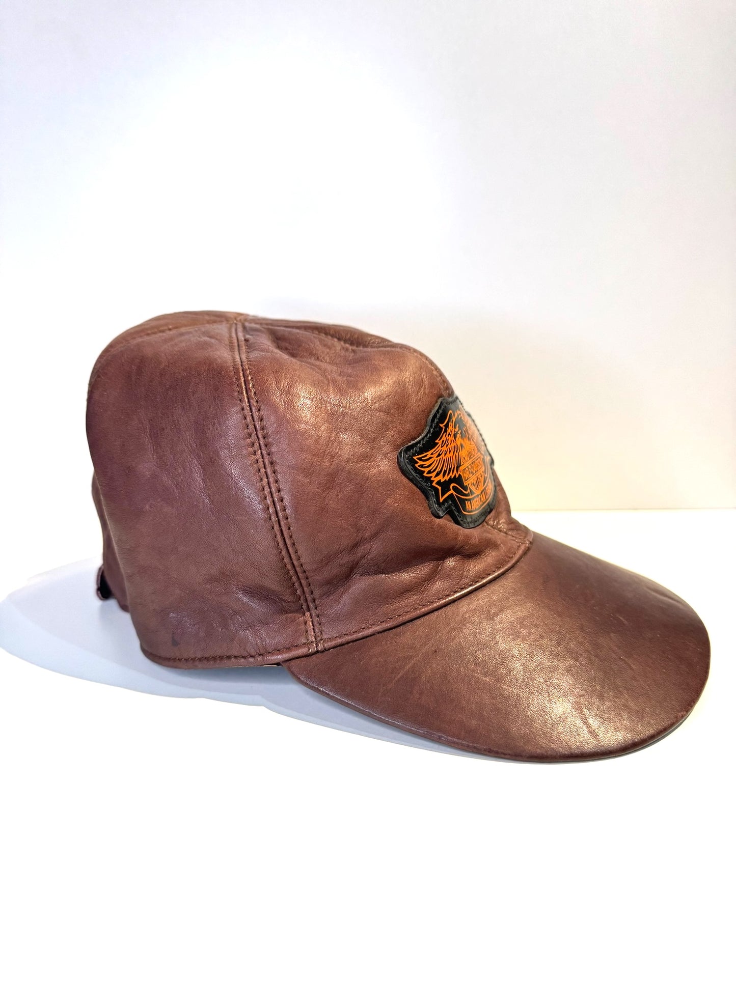 VINTAGE HARLEY DAVIDSON GENUINE LEATHER MOTORCYCLE SCRATCHBACK CAP HAT