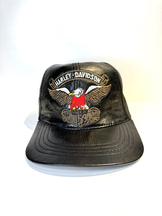 VINTAGE HARLEY DAVIDSON GENUINE LEATHER "LOGO EAGLE" MOTORCYCLE SCRATCHBACK CAP HAT