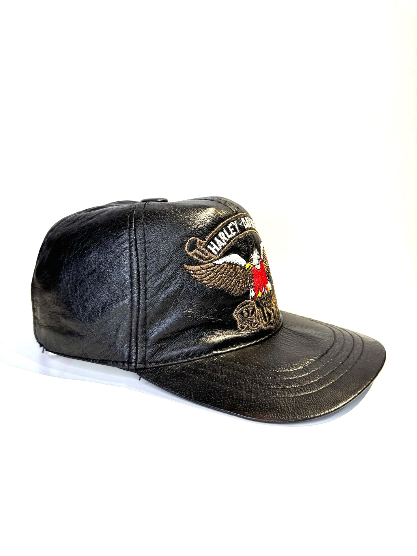 VINTAGE HARLEY DAVIDSON GENUINE LEATHER "LOGO EAGLE" MOTORCYCLE SCRATCHBACK CAP HAT