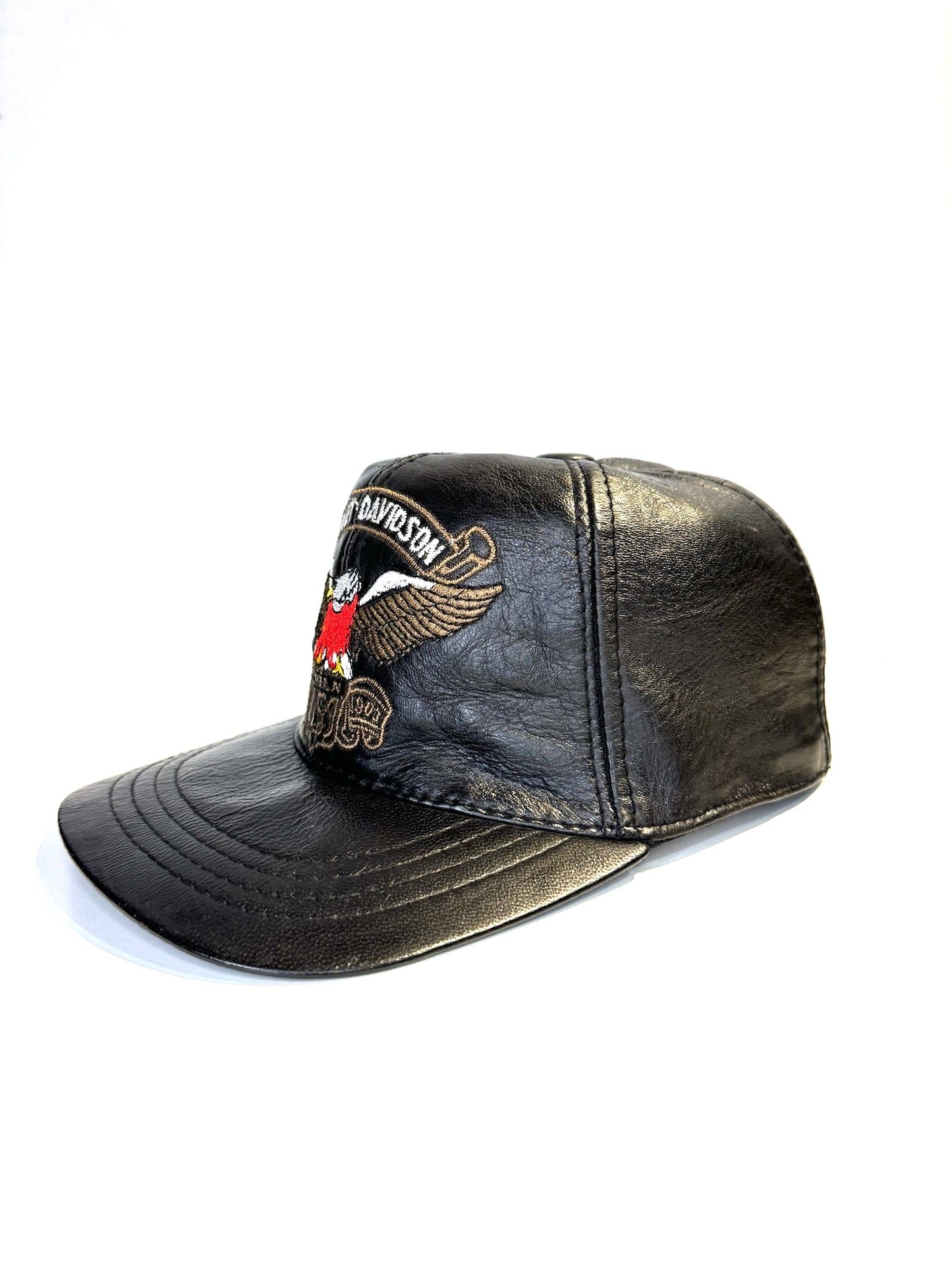 VINTAGE HARLEY DAVIDSON GENUINE LEATHER "LOGO EAGLE" MOTORCYCLE SCRATCHBACK CAP HAT