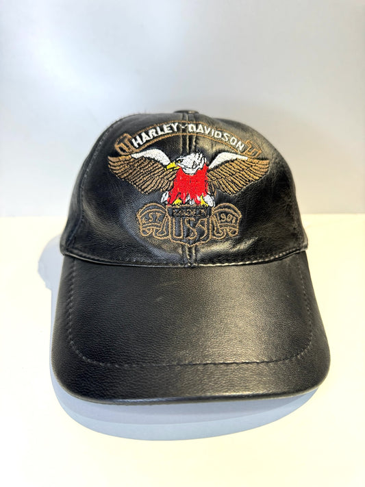VINTAGE HARLEY DAVIDSON GENUINE LEATHER "LOGO EAGLE" MOTORCYCLE SCRATCHBACK CAP HAT
