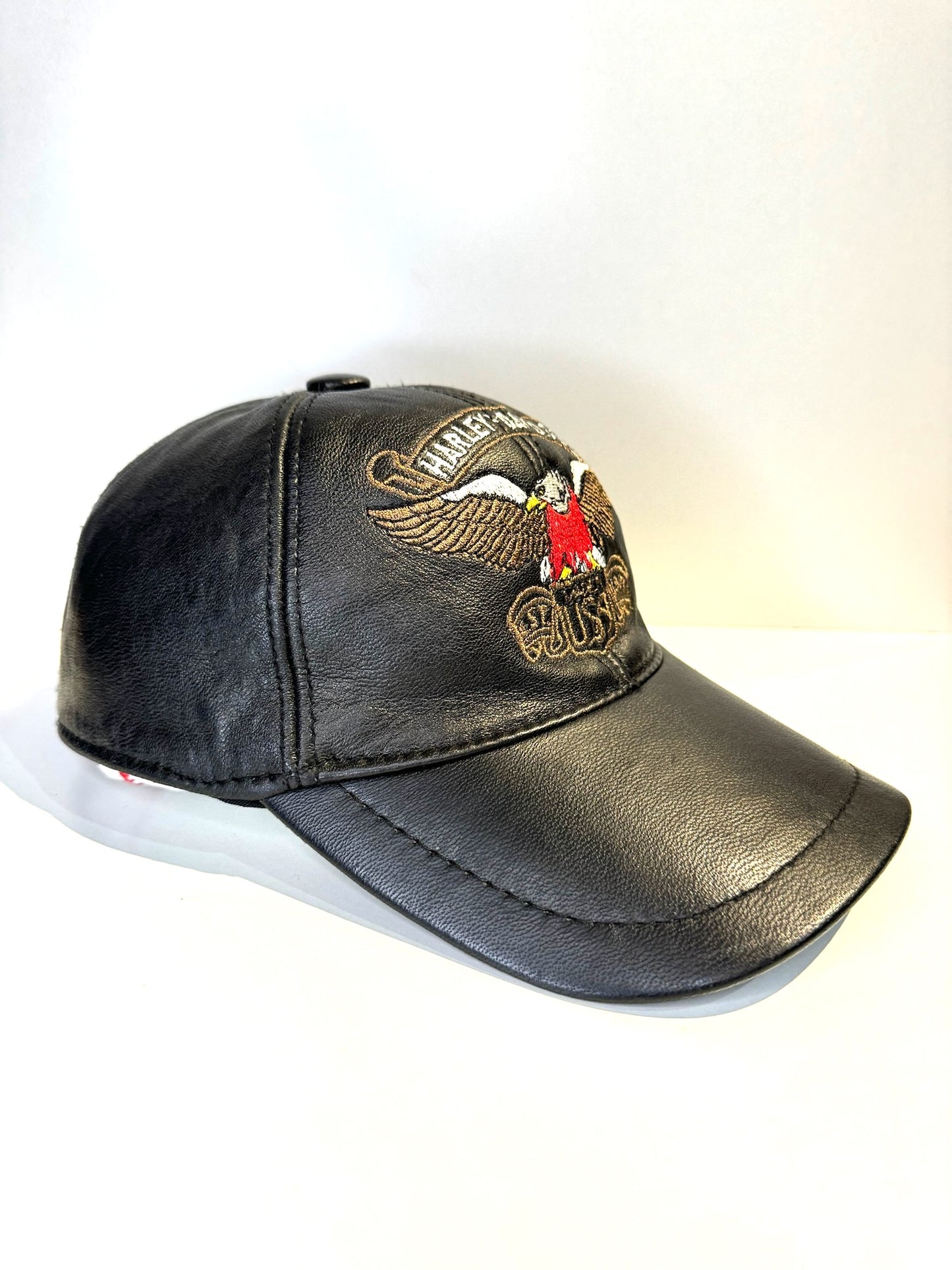 VINTAGE HARLEY DAVIDSON GENUINE LEATHER "LOGO EAGLE" MOTORCYCLE SCRATCHBACK CAP HAT