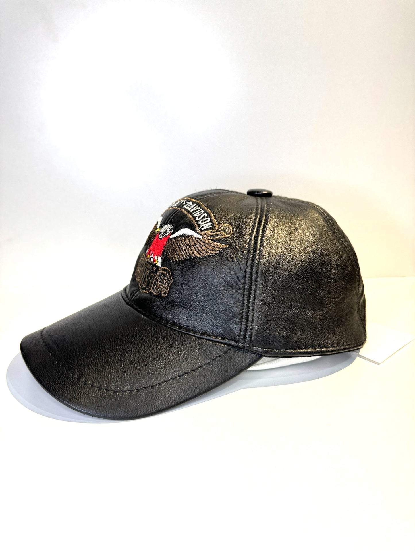 VINTAGE HARLEY DAVIDSON GENUINE LEATHER "LOGO EAGLE" MOTORCYCLE SCRATCHBACK CAP HAT