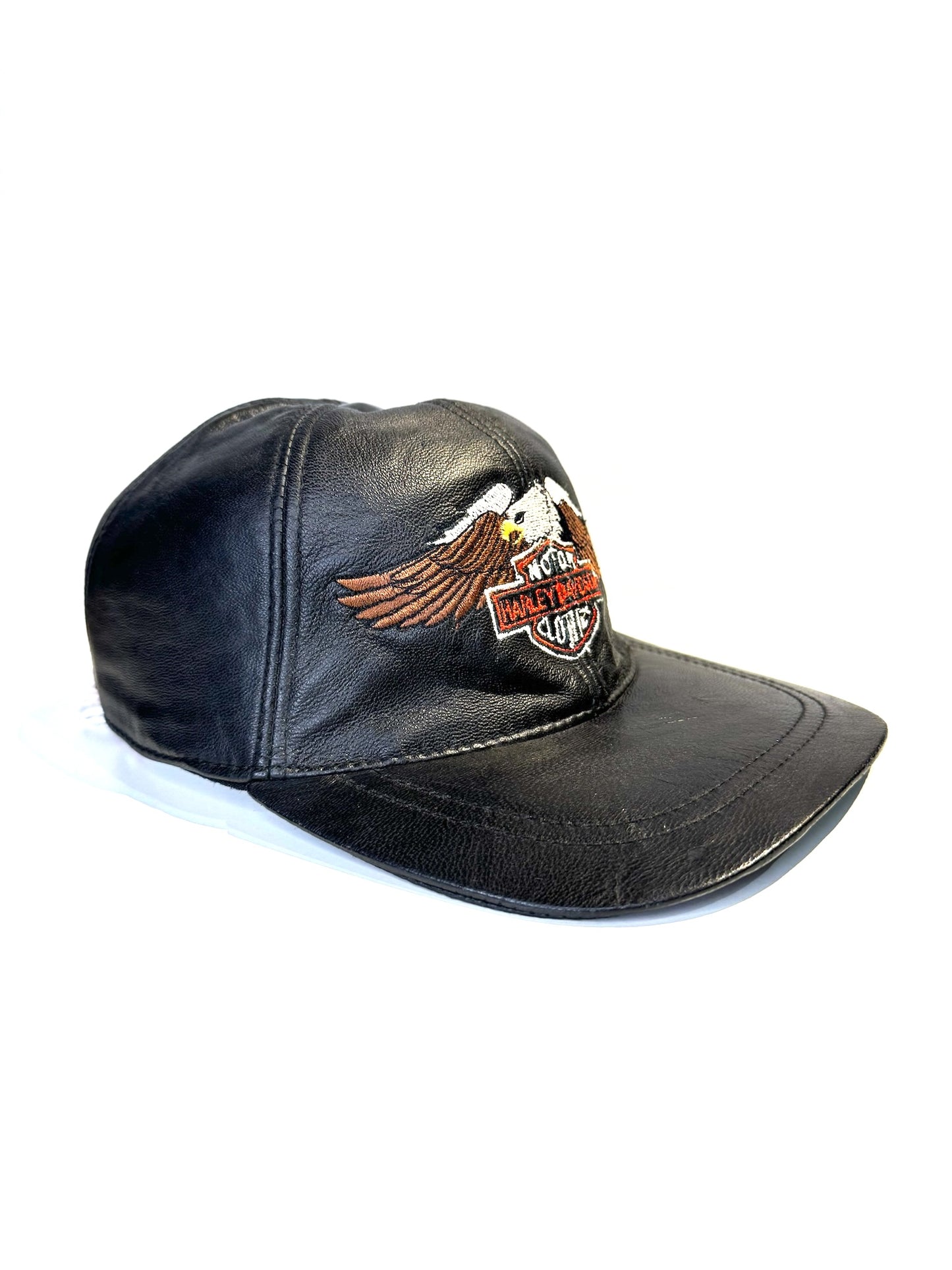 VINTAGE HARLEY DAVIDSON GENUINE LEATHER "CLASSIC LOGO EAGLE" MOTORCYCLE SCRATCHBACK CAP HAT