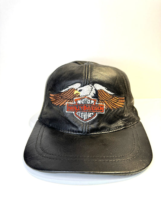 VINTAGE HARLEY DAVIDSON GENUINE LEATHER "CLASSIC LOGO EAGLE" MOTORCYCLE SCRATCHBACK CAP HAT
