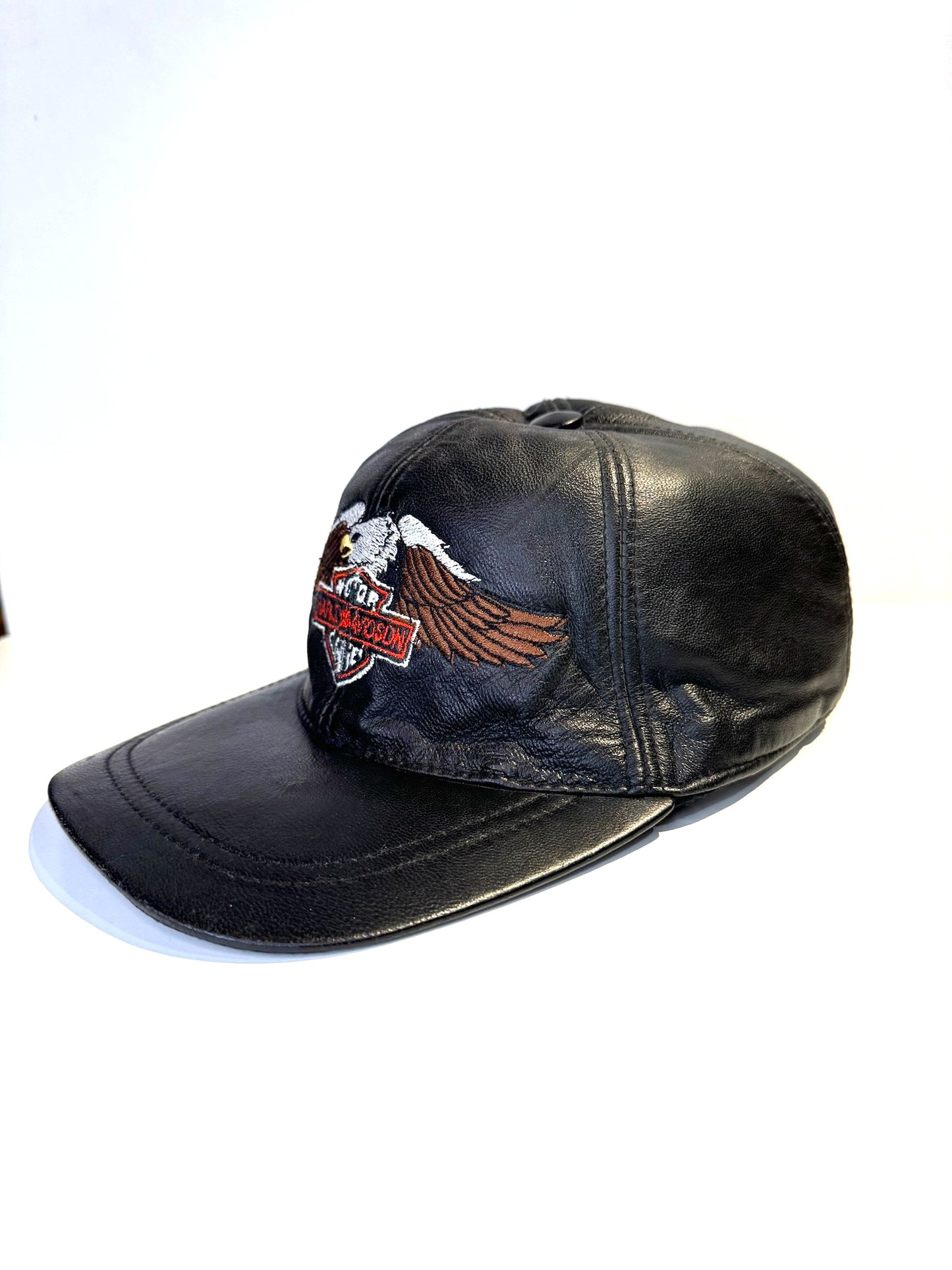 VINTAGE HARLEY DAVIDSON GENUINE LEATHER "CLASSIC LOGO EAGLE" MOTORCYCLE SCRATCHBACK CAP HAT