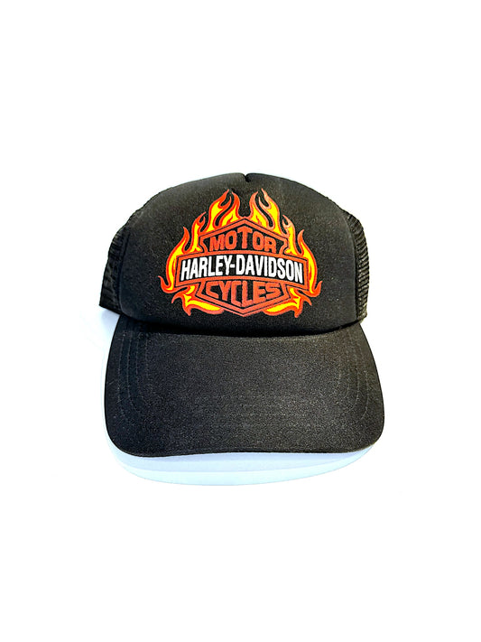 VINTAGE HARLEY DAVIDSON "LOGO FLAMES" MOTORCYCLE TRUCKER SNAPBACK CAP HAT