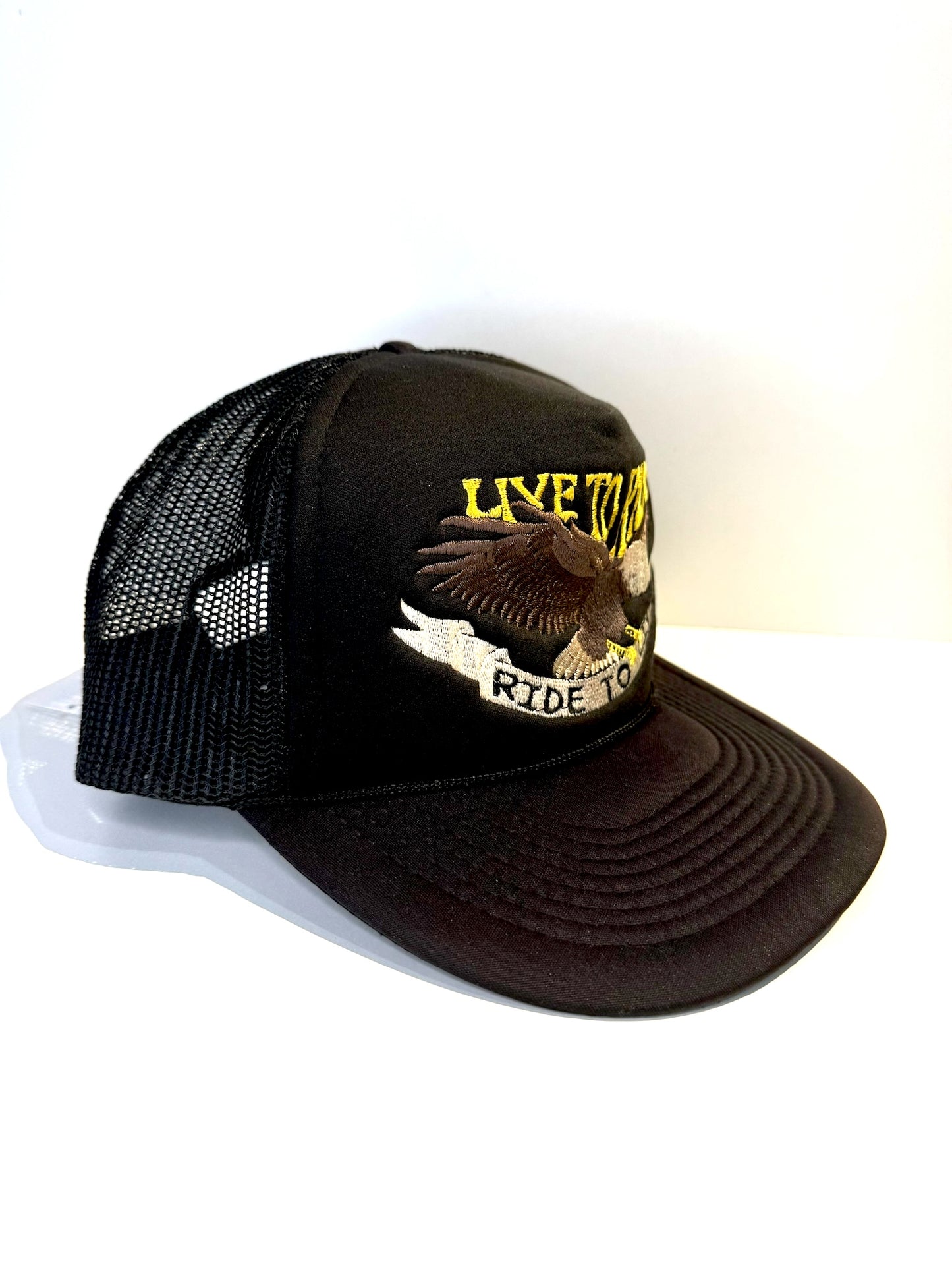 VINTAGE 80s HARLEY DAVIDSON LIVE TO RIDE" MOTORCYCLE TRUCKER SNAPBACK CAP HAT