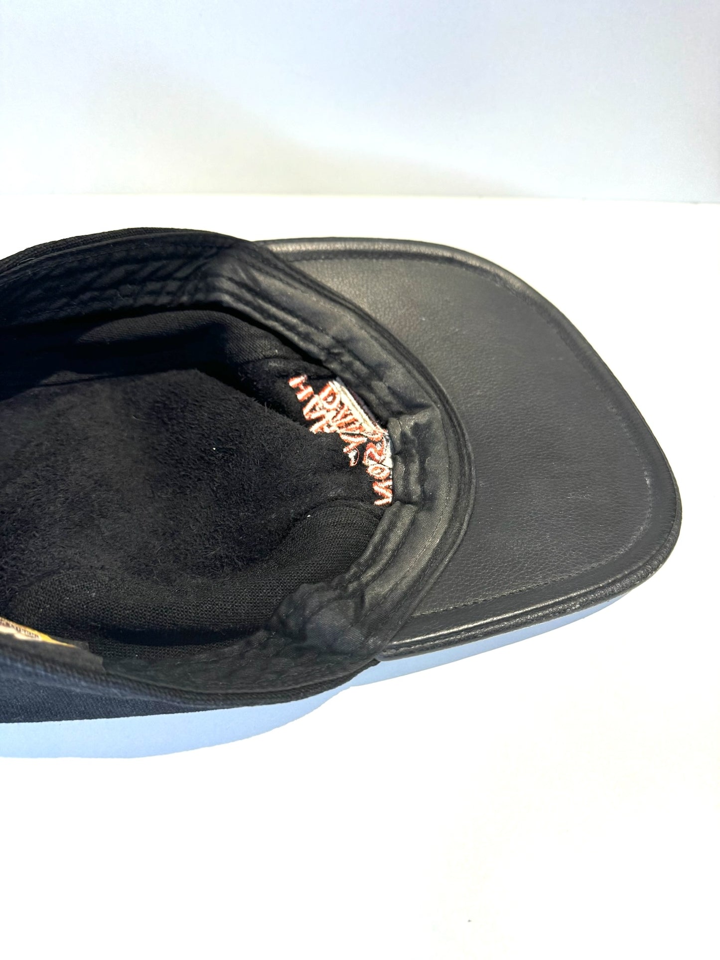 VINTAGE 90s HARLEY DAVIDSON GENUINE LEATHER MOTORCYCLE 3 PANEL STRAPBACK CAP HAT