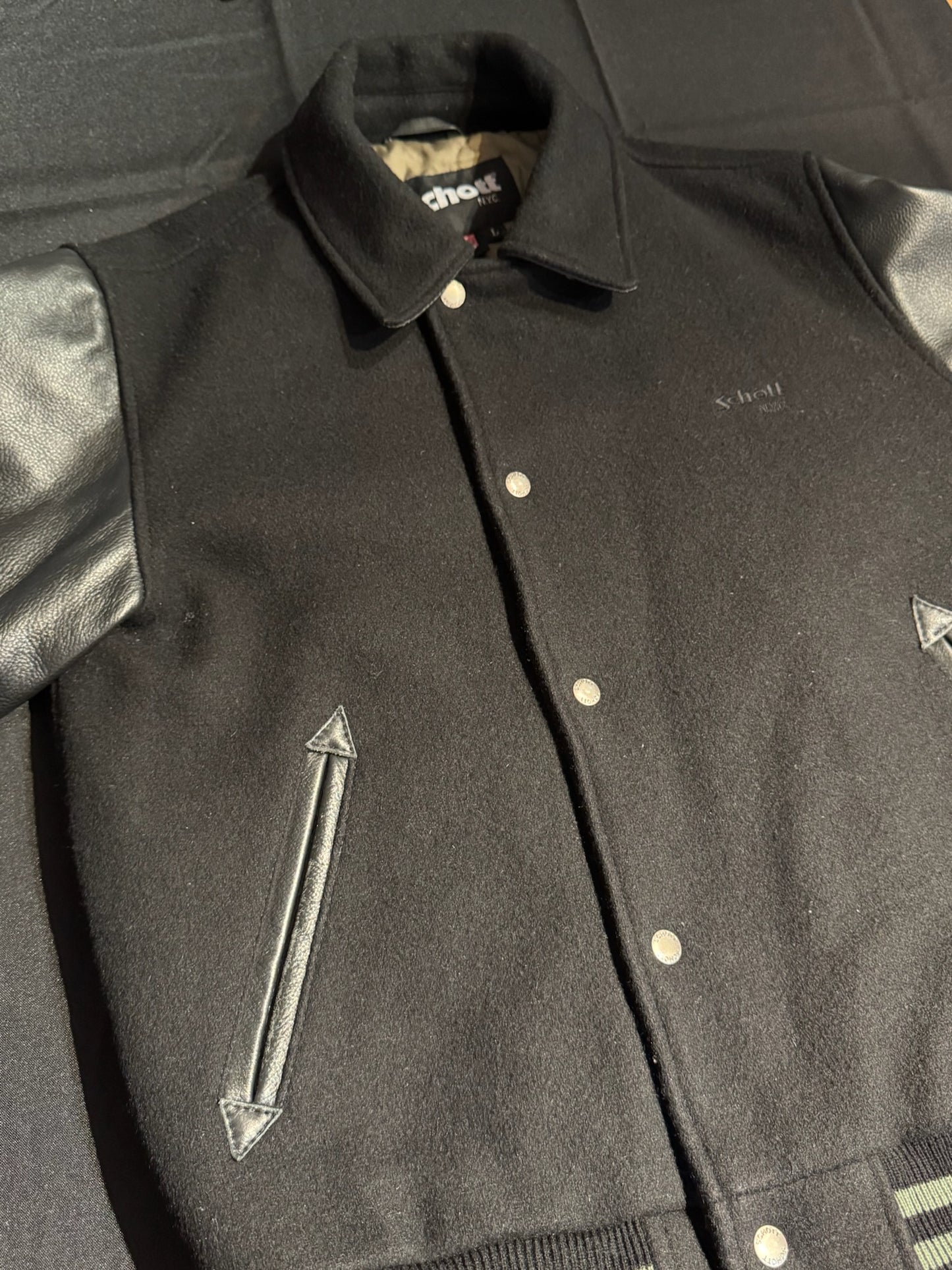 SCHOTT N.Y.C WOOL & LEATHER BLACK VARSITY JACKET SZ: L