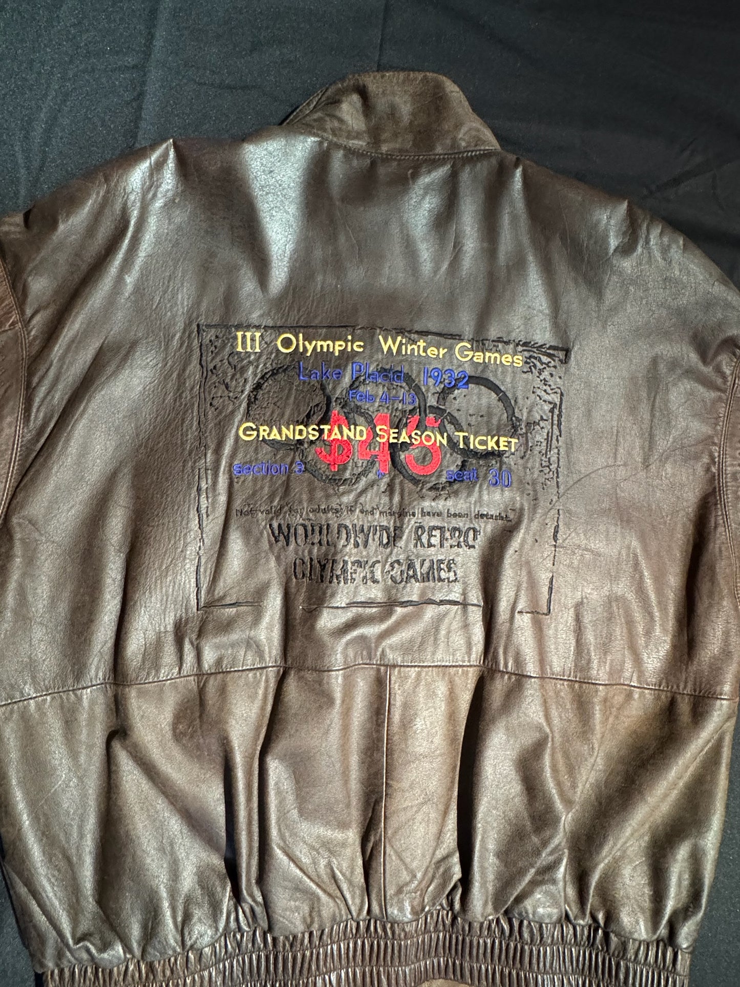 VINTAGE 1996 ADIDAS OLYMPIC "LAKE PLACID" 1932 LEATHER JACKET SZ: L