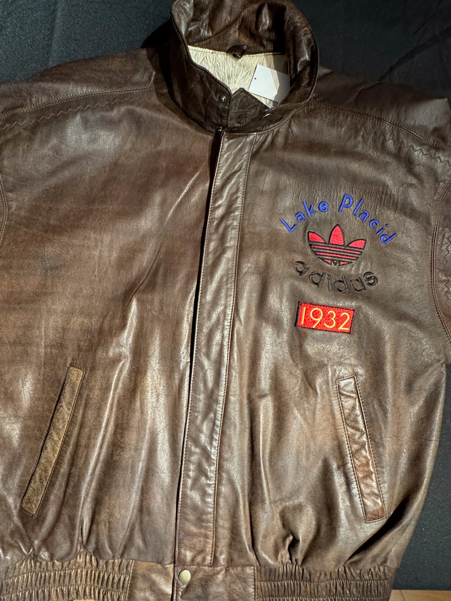 VINTAGE 1996 ADIDAS OLYMPIC "LAKE PLACID" 1932 LEATHER JACKET SZ: L