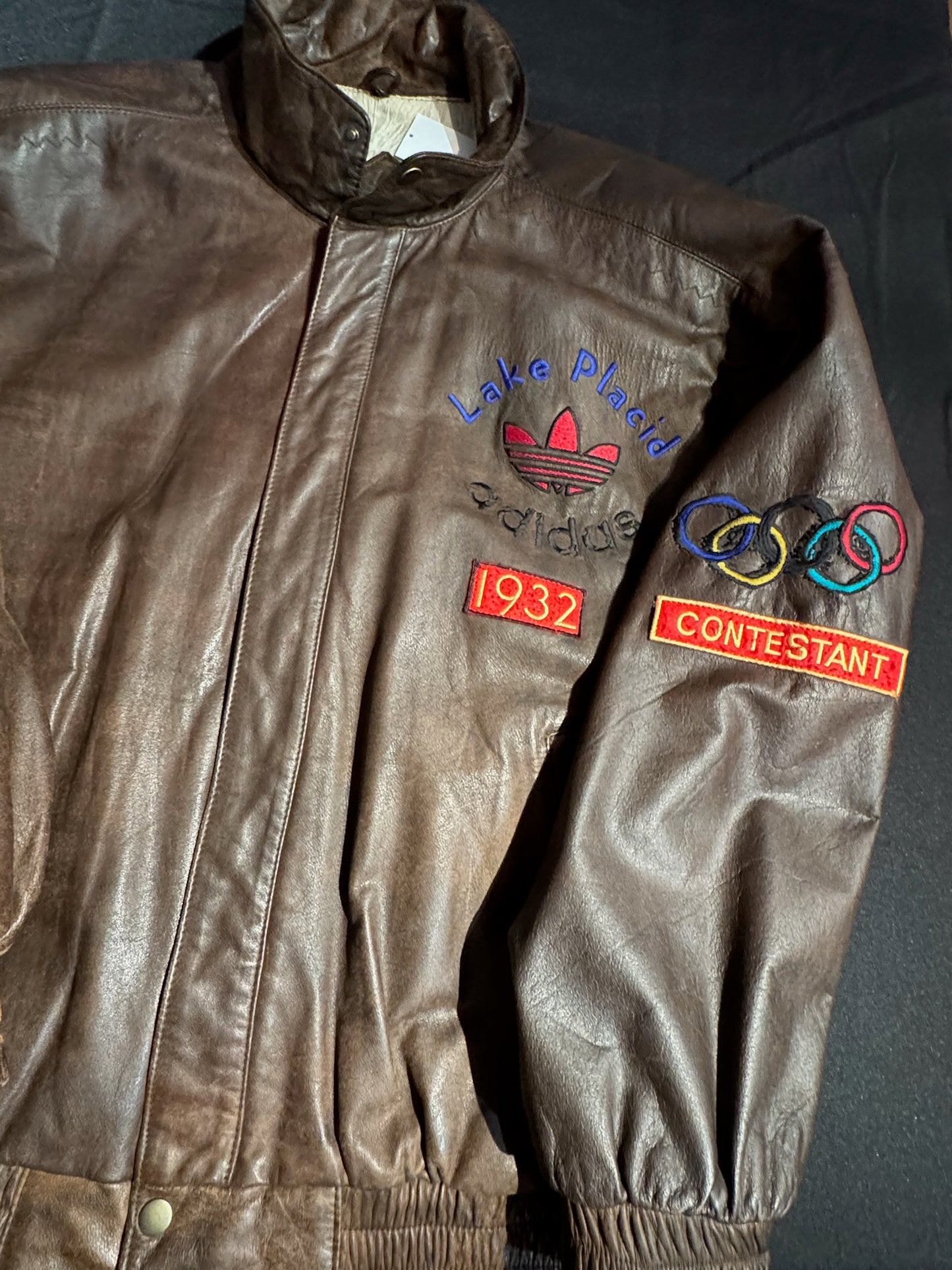 VINTAGE 1996 ADIDAS OLYMPIC "LAKE PLACID" 1932 LEATHER JACKET SZ: L