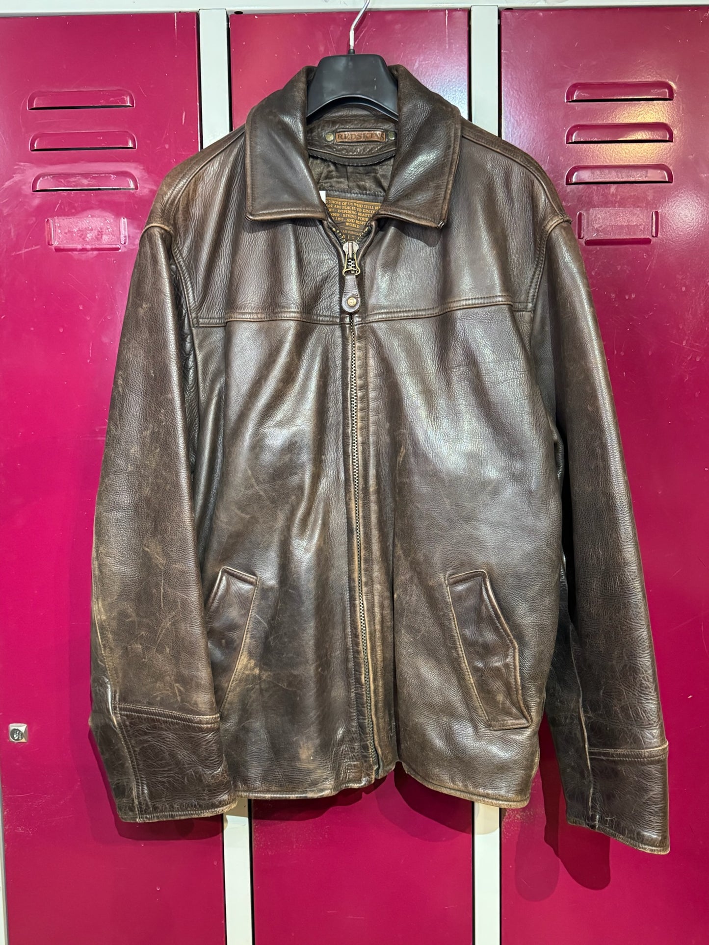 REDSKINS BROWN LEATHER COAT JACKET SZ: L