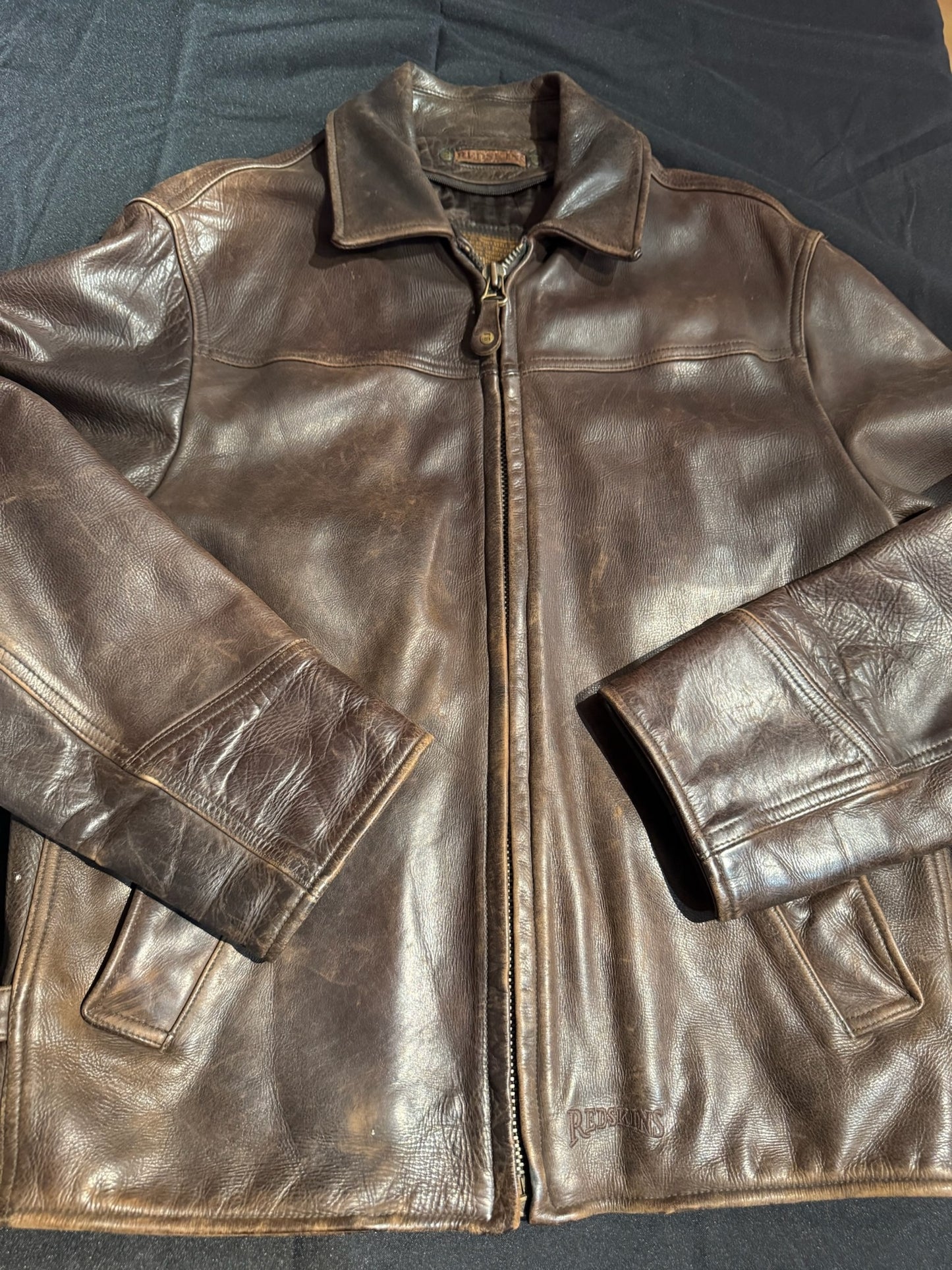 REDSKINS BROWN LEATHER COAT JACKET SZ: L