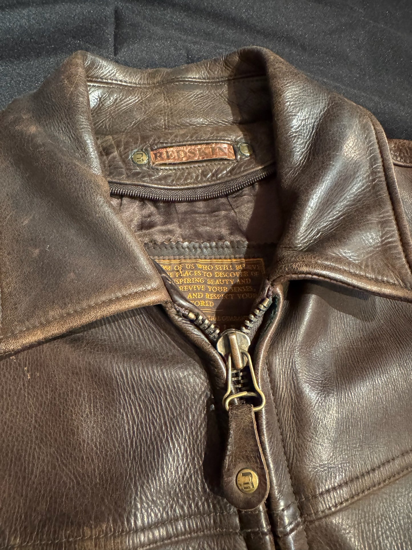 REDSKINS BROWN LEATHER COAT JACKET SZ: L