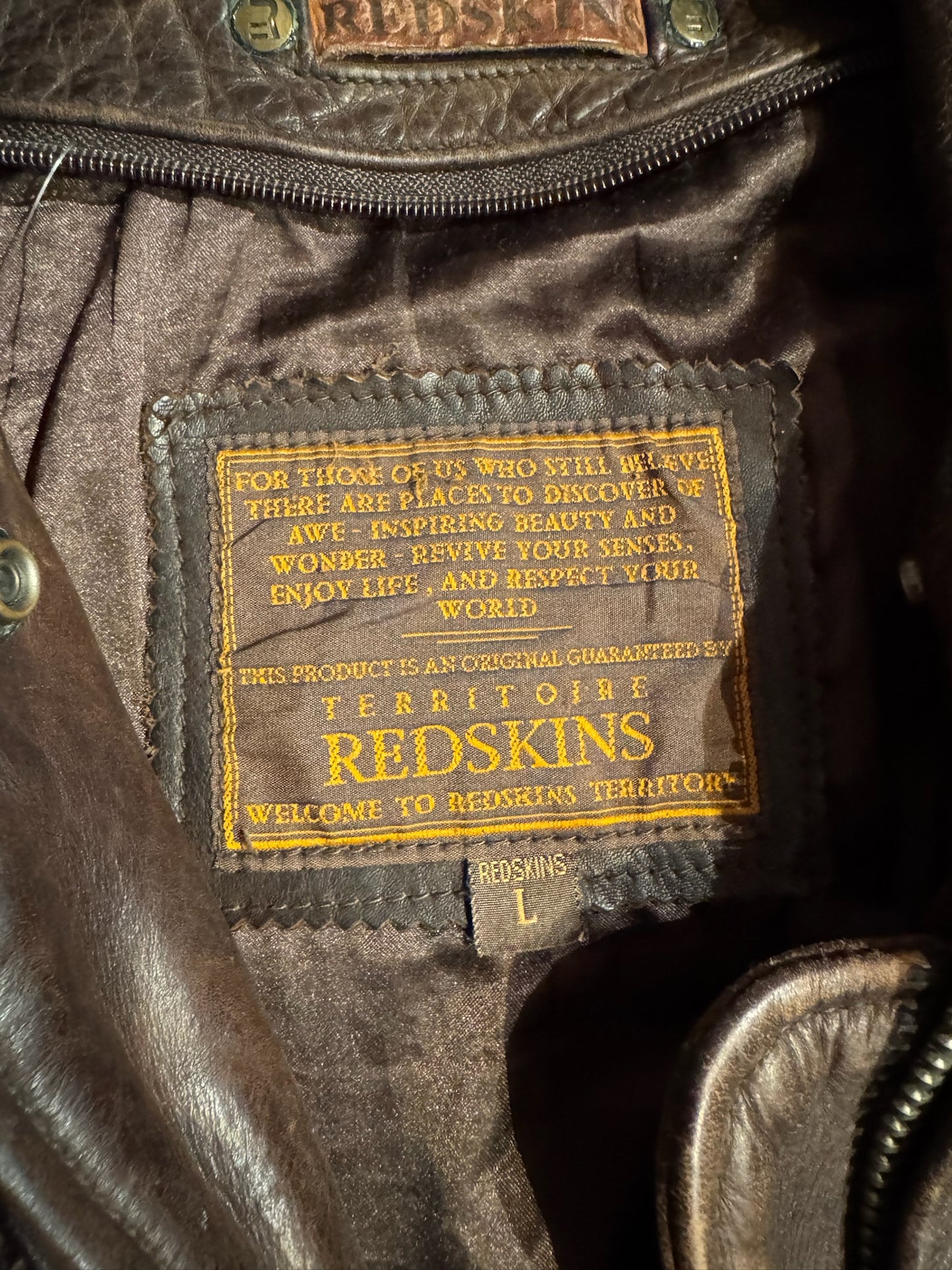 REDSKINS BROWN LEATHER COAT JACKET SZ: L