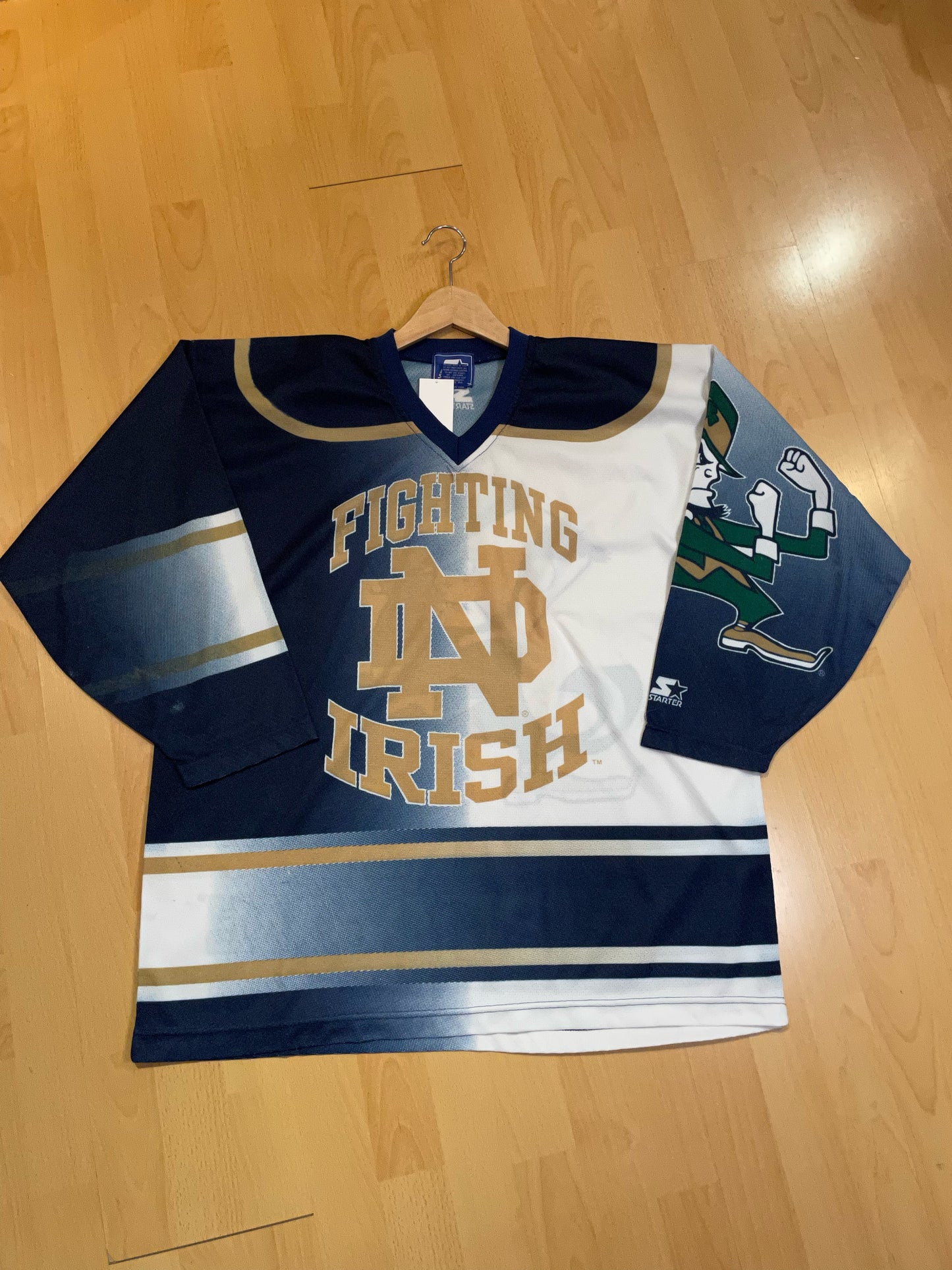VINTAGE 90s STARTER FIGHTING IRISH NOTRE DAME ALL OVER PRINT NCAA FOOTBALL JERSEY  SZ: XL