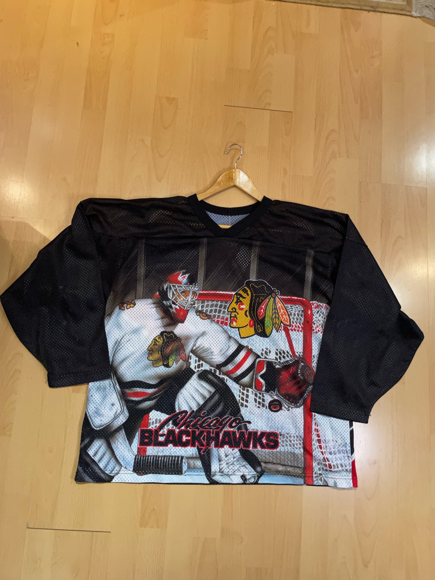 VINTAGE 90s CCM CHICAGO BLACKHAWKS ALL OVER PRINT NHL HOCKEY JERSEY SZ: L/XL