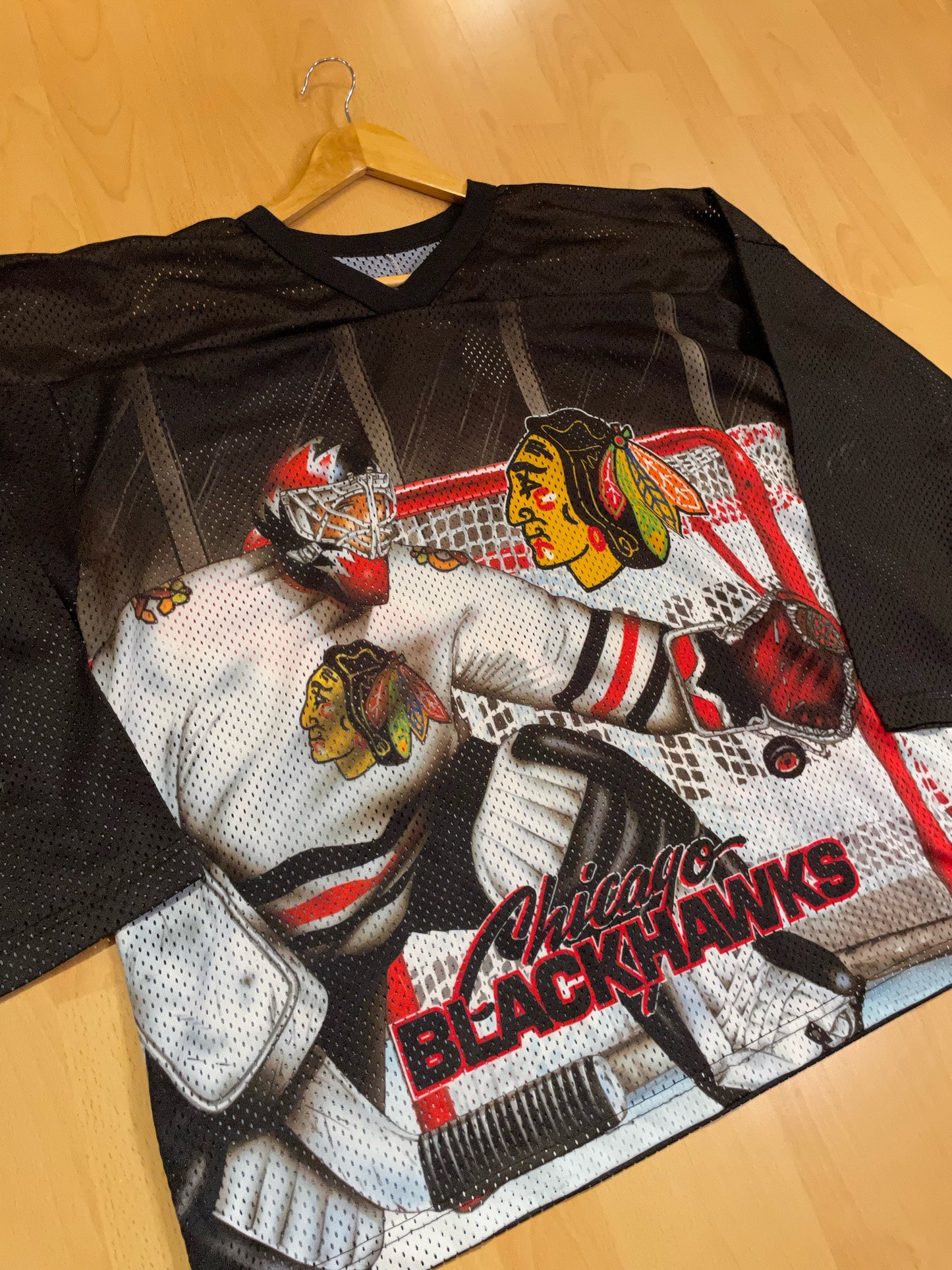 VINTAGE 90s CCM CHICAGO BLACKHAWKS ALL OVER PRINT NHL HOCKEY JERSEY SZ: L/XL