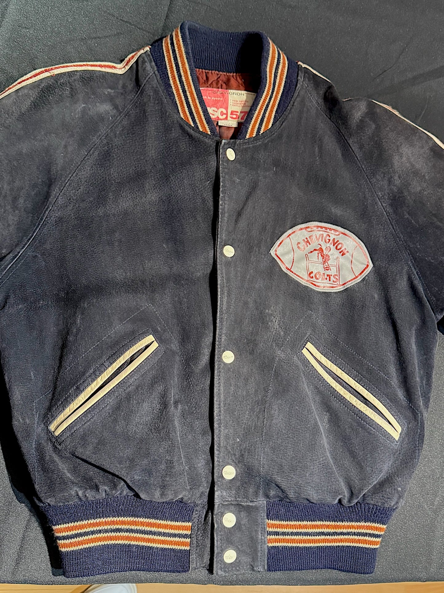 VINTAGE CHEVIGNON "COLTS" FOOTBALL LEATHER JACKET SZ: L
